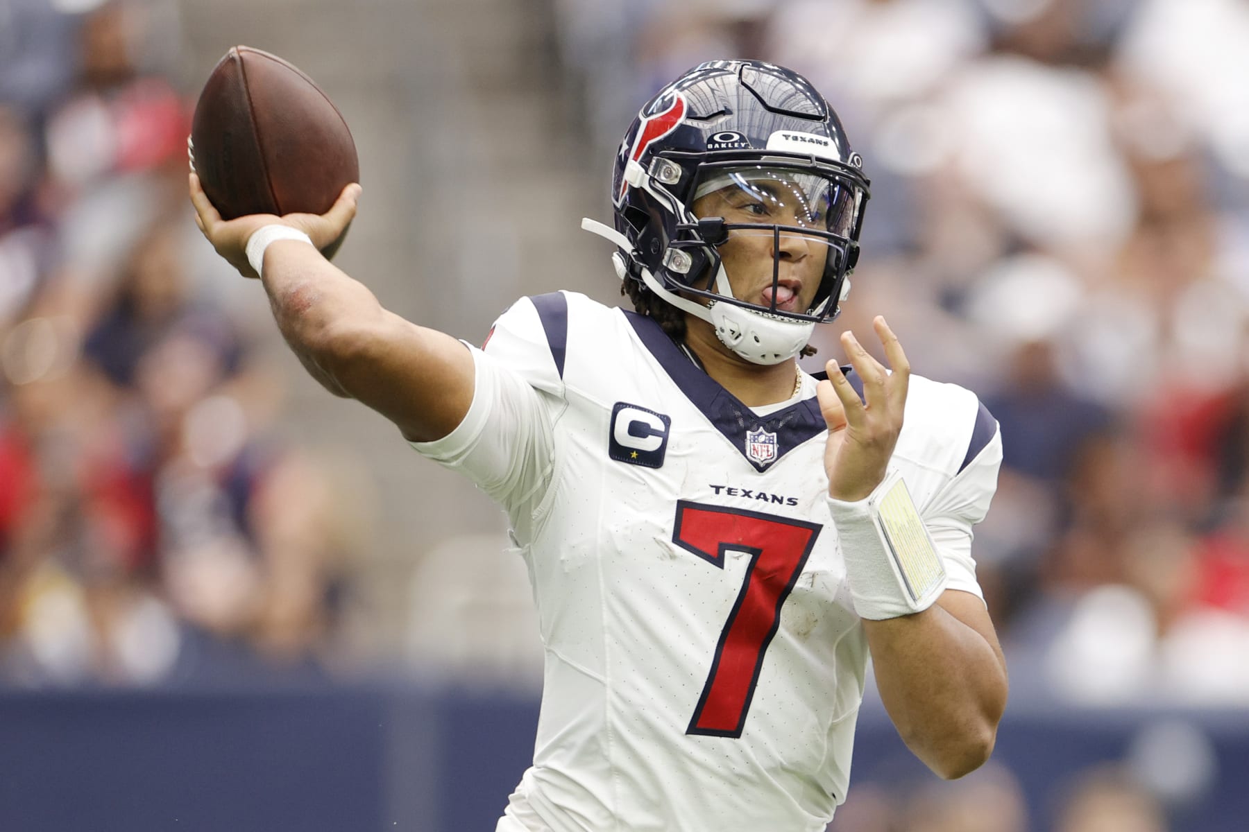 HOUSTON, TEXAS - SEPTEMBER 17: C.J. Stroud #7 of the Houston Texans in action against the Indianapolis Colts at NRG Stadium on September 17, 2023 in Houston, Texas. (Photo by Carmen Mandato/Getty Images)