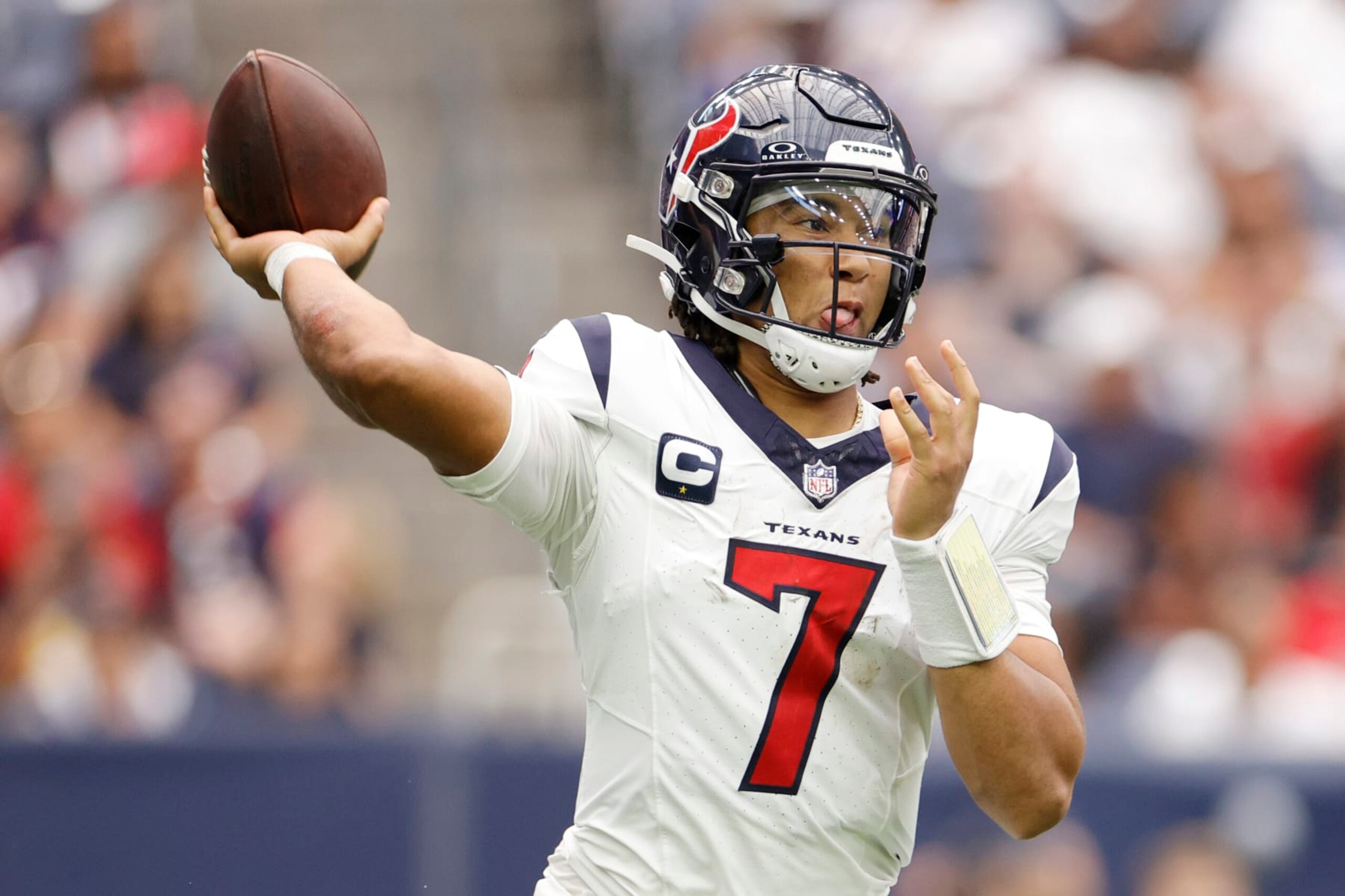 HOUSTON, TEXAS - SEPTEMBER 17: C.J. Stroud #7 of the Houston Texans in action against the Indianapolis Colts at NRG Stadium on September 17, 2023 in Houston, Texas. (Photo by Carmen Mandato/Getty Images)