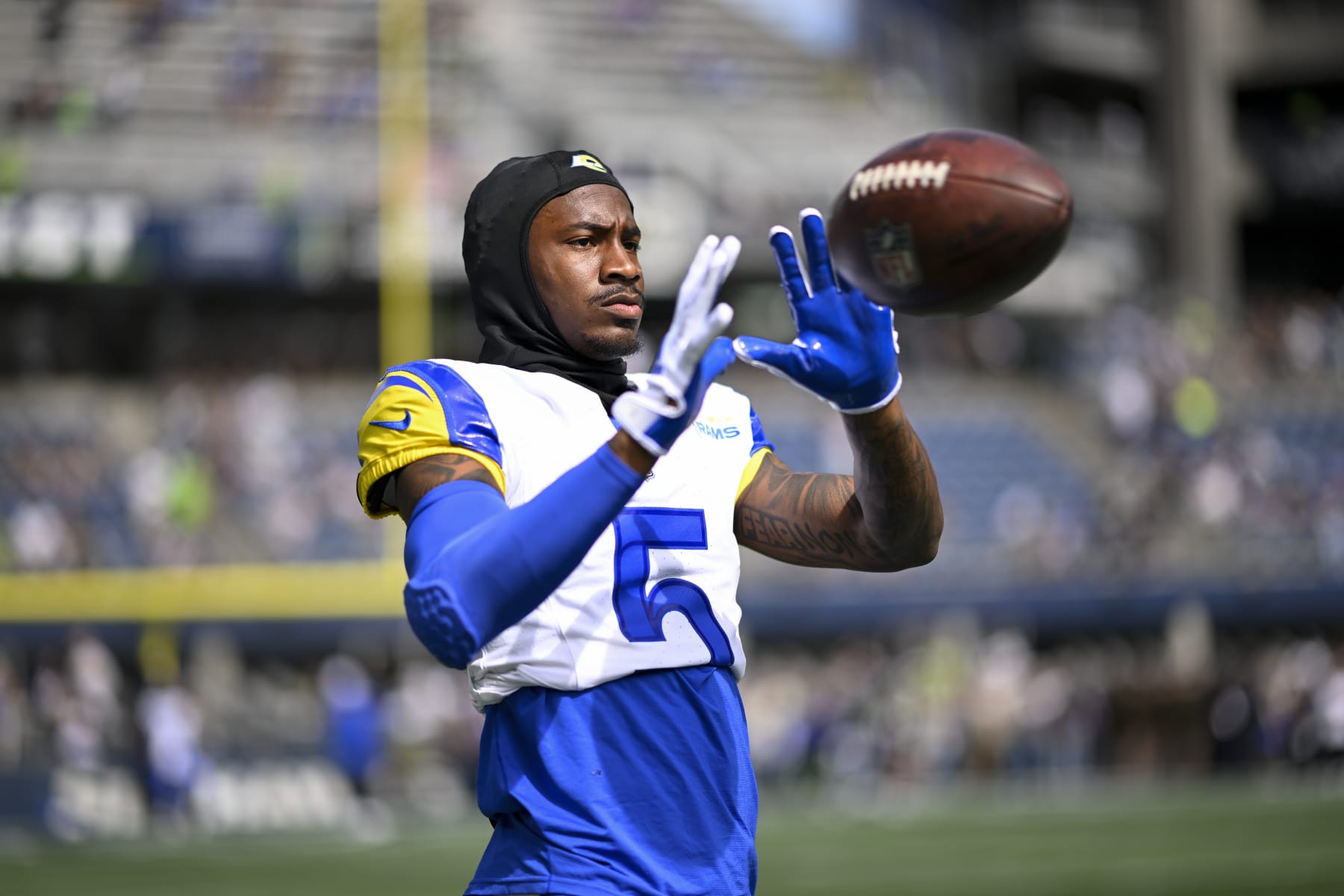 SEATTLE, WASHINGTON - SEPTEMBER 10: Tutu Atwell #5 of the Los Angeles Rams warms up before the game \H at Lumen Field on September 10, 2023 in Seattle, Washington. The Los Angeles Rams won 30-13. (Photo by Alika Jenner/Getty Images)