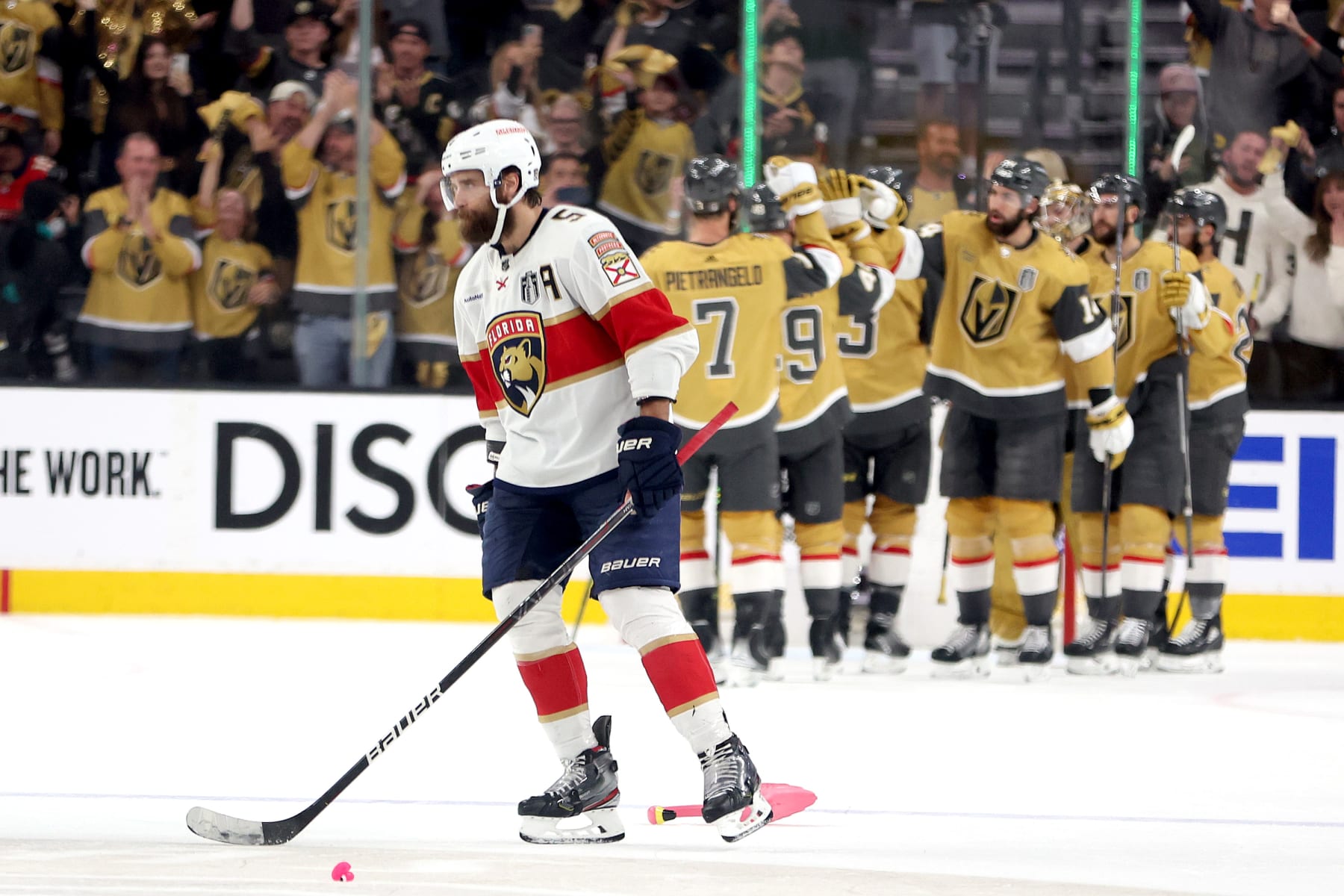 LAS VEGAS, NEVADA - JUNE 05:  The Vegas Golden Knights celebrate their 7-2 win against the Florida Panthers as Aaron Ekblad #5 skates off the ice in Game Two of the 2023 NHL Stanley Cup Final at T-Mobile Arena on June 05, 2023 in Las Vegas, Nevada. (Photo by Sean M. Haffey/Getty Images)