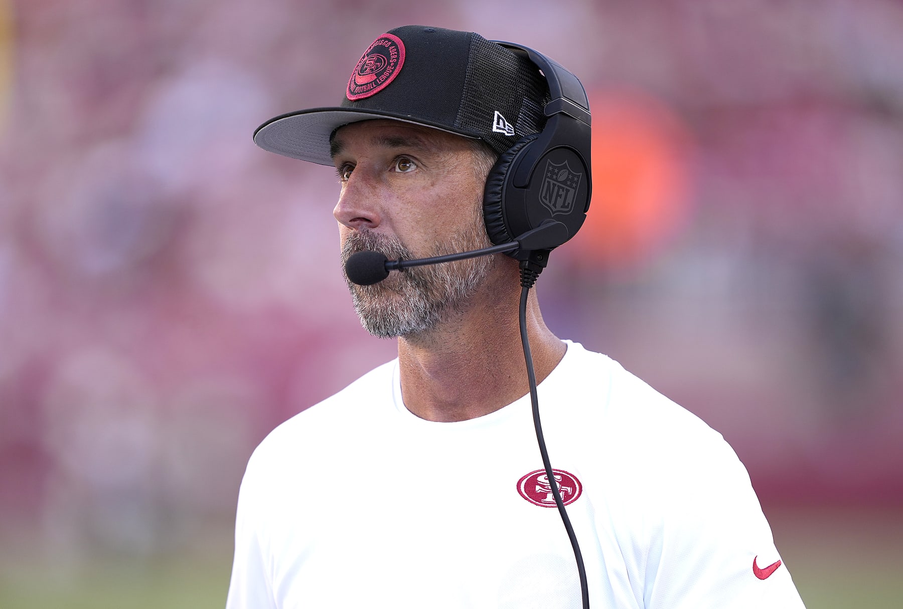 SANTA CLARA, CALIFORNIA - AUGUST Head coach Kyle Shanahan of the San Francisco 49ers looks on from the sidelines against the Denver Broncos during the first quarter of a preseason game  at Levi's Stadium on August 19, 2023 in Santa Clara, California. (Photo by Thearon W. Henderson/Getty Images)