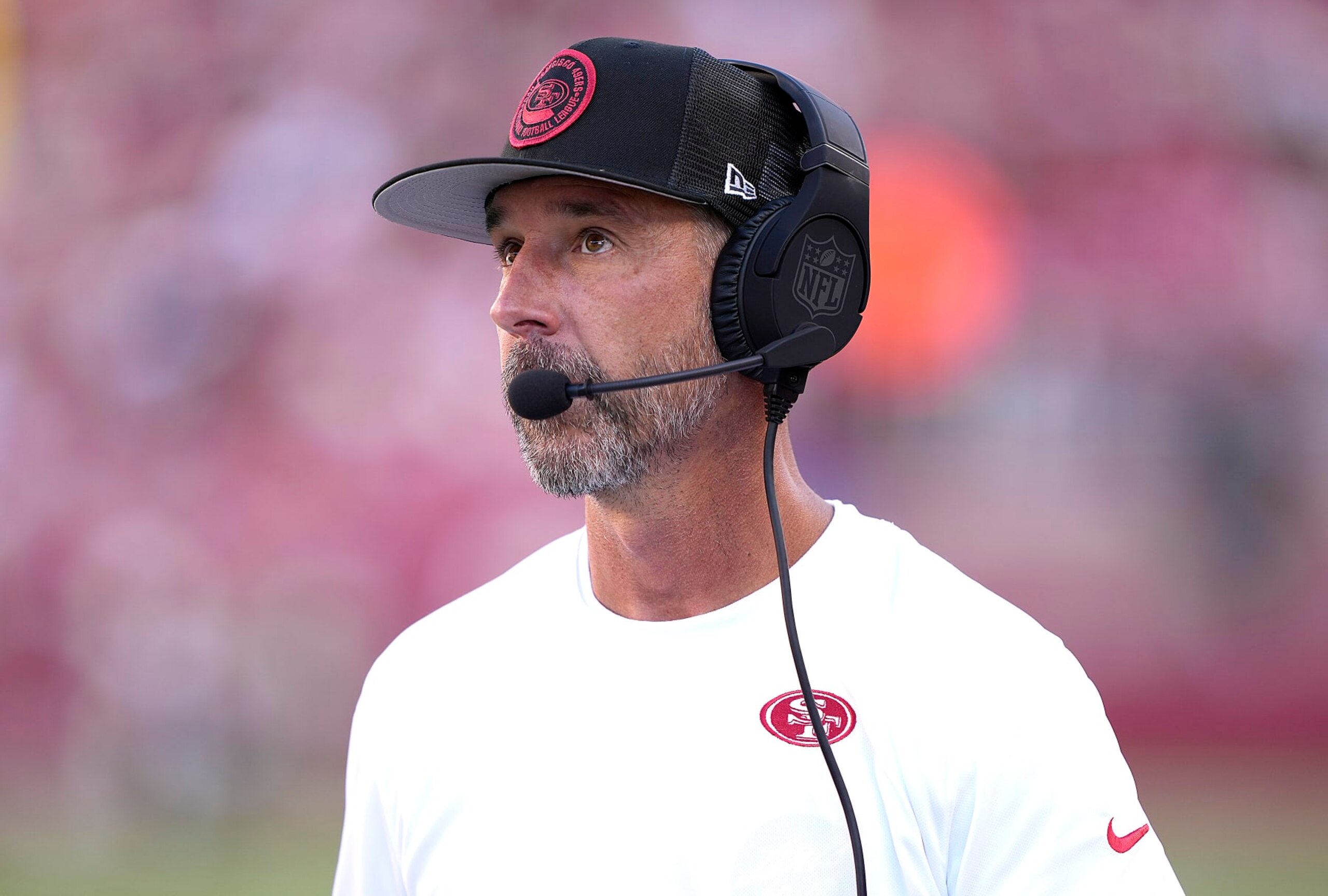 SANTA CLARA, CALIFORNIA - AUGUST Head coach Kyle Shanahan of the San Francisco 49ers looks on from the sidelines against the Denver Broncos during the first quarter of a preseason game  at Levi's Stadium on August 19, 2023 in Santa Clara, California. (Photo by Thearon W. Henderson/Getty Images)