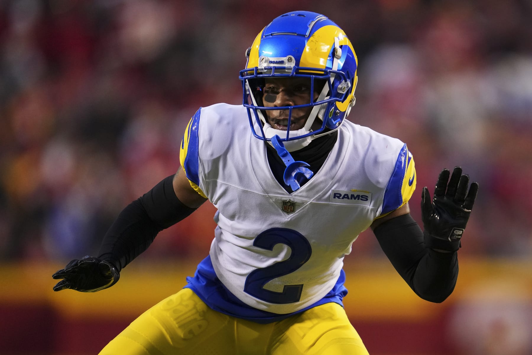 KANSAS CITY, MO - NOVEMBER 27: Troy Hill #2 of the Los Angeles Rams defends against the Kansas City Chiefs at GEHA Field at Arrowhead Stadium on November 27, 2022 in Kansas City, Missouri. (Photo by Cooper Neill/Getty Images)