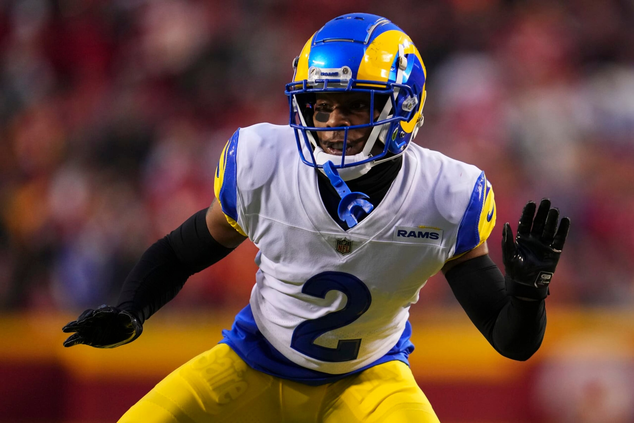 KANSAS CITY, MO - NOVEMBER 27: Troy Hill #2 of the Los Angeles Rams defends against the Kansas City Chiefs at GEHA Field at Arrowhead Stadium on November 27, 2022 in Kansas City, Missouri. (Photo by Cooper Neill/Getty Images)