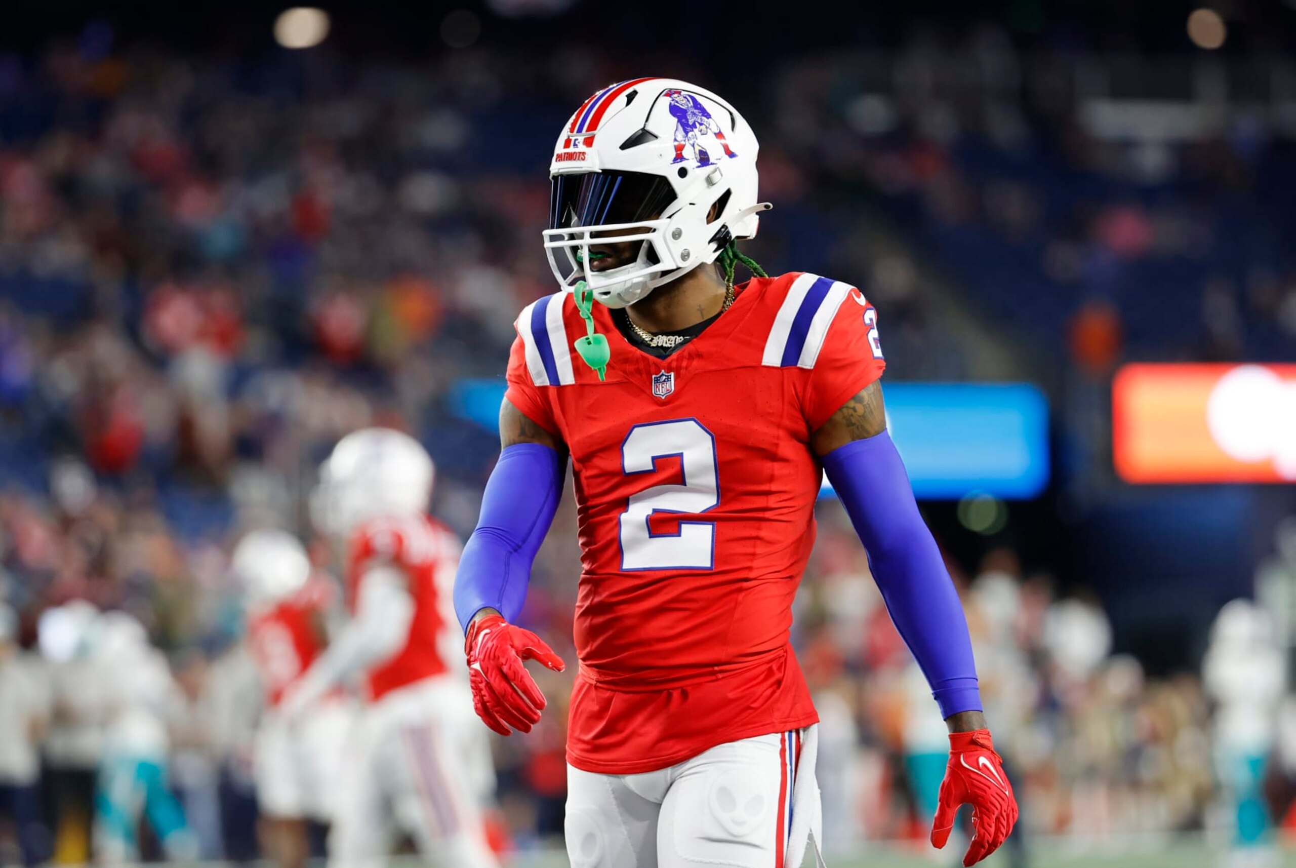 FOXBOROUGH, MA - SEPTEMBER 17: New England Patriots cornerback Jalen Mills (2) in warm up before a game between the New England Patriots and the Miami Dolphins on September 17, 2023, at Gillette Stadium in Foxborough, Massachusetts. (Photo by Fred Kfoury III/Icon Sportswire via Getty Images)