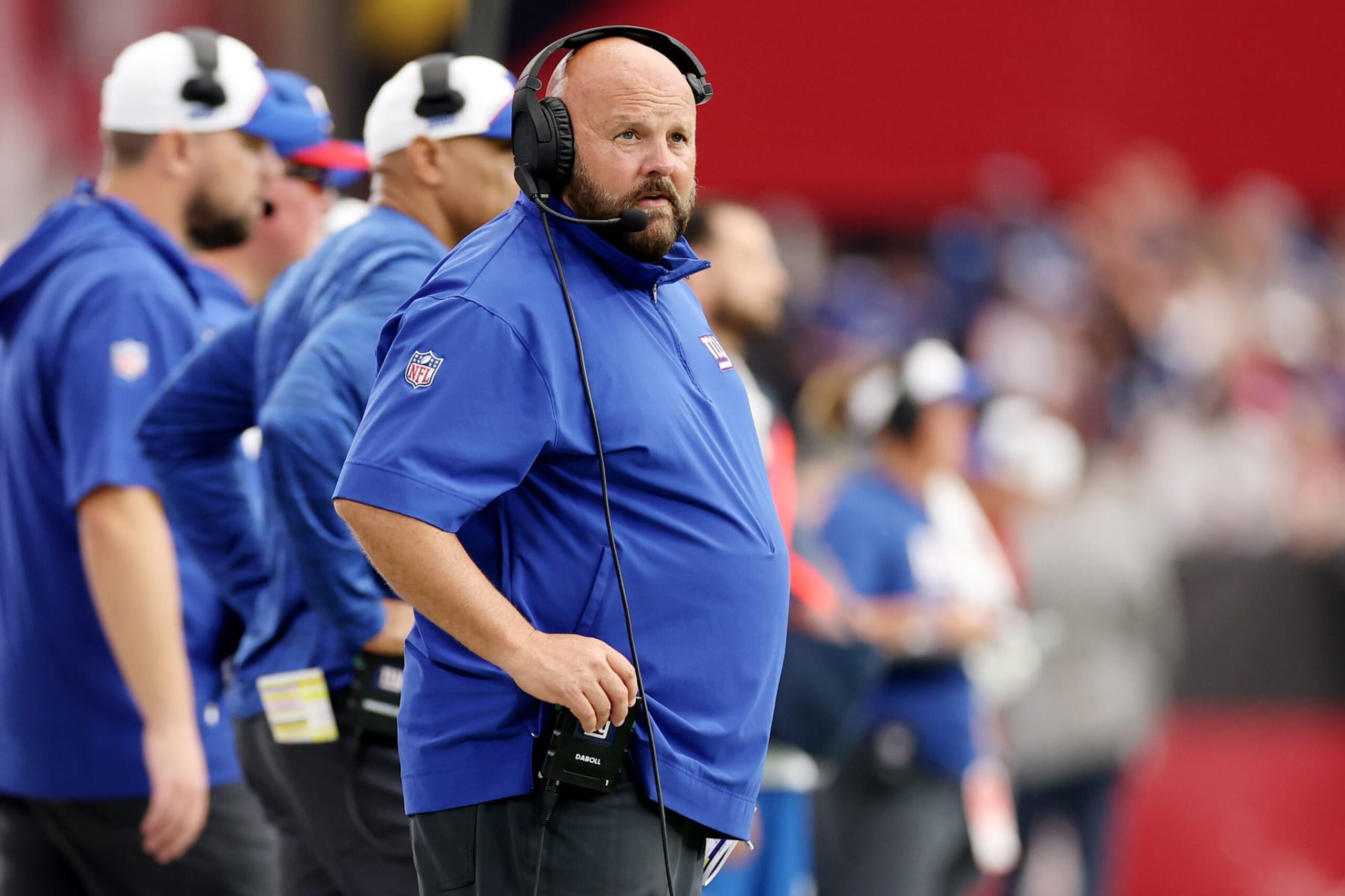 GLENDALE, ARIZONA - SEPTEMBER 17: Head coach Brian Daboll of the New York Giants looks on from the sidelines during the second quarter in the game against the Arizona Cardinals at State Farm Stadium on September 17, 2023 in Glendale, Arizona. (Photo by Christian Petersen/Getty Images)