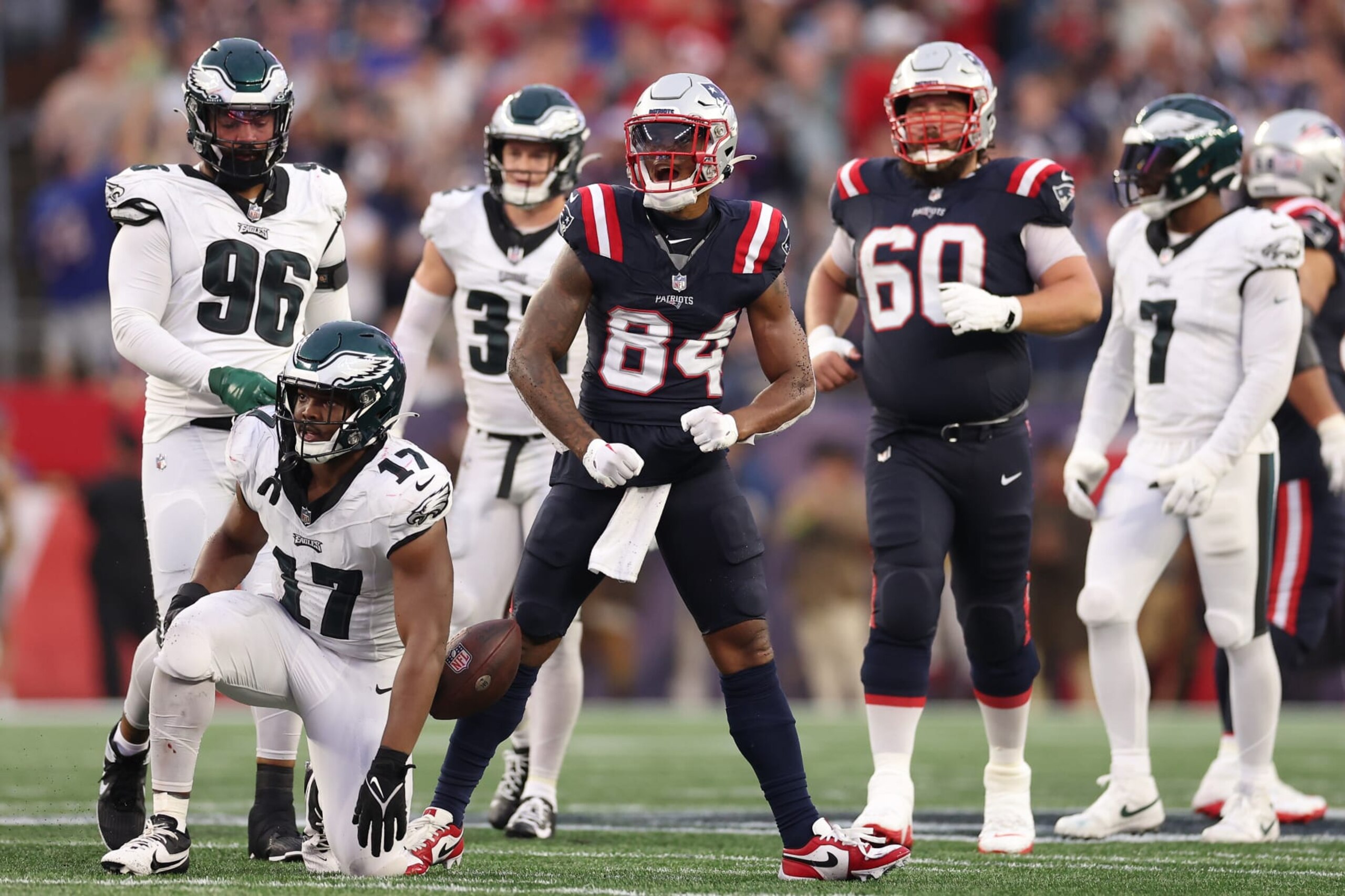 FOXBOROUGH, MASSACHUSETTS - SEPTEMBER 10: Kendrick Bourne #84 of the New England Patriots celebrates after a catch during the second quarter against the Philadelphia Eagles at Gillette Stadium on September 10, 2023 in Foxborough, Massachusetts. (Photo by Maddie Meyer/Getty Images)