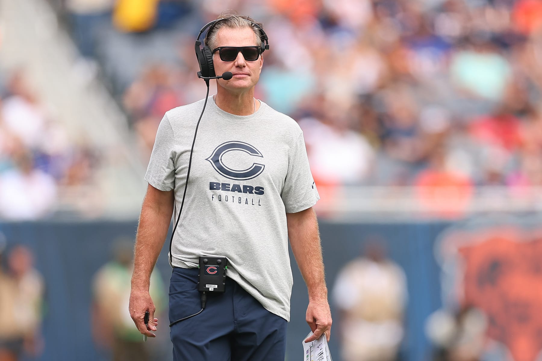 CHICAGO, ILLINOIS - AUGUST 26: Head coach Matt Eberflus of the Chicago Bears looks on against the Buffalo Bills during the first half of a preseason game at Soldier Field on August 26, 2023 in Chicago, Illinois. (Photo by Michael Reaves/Getty Images)