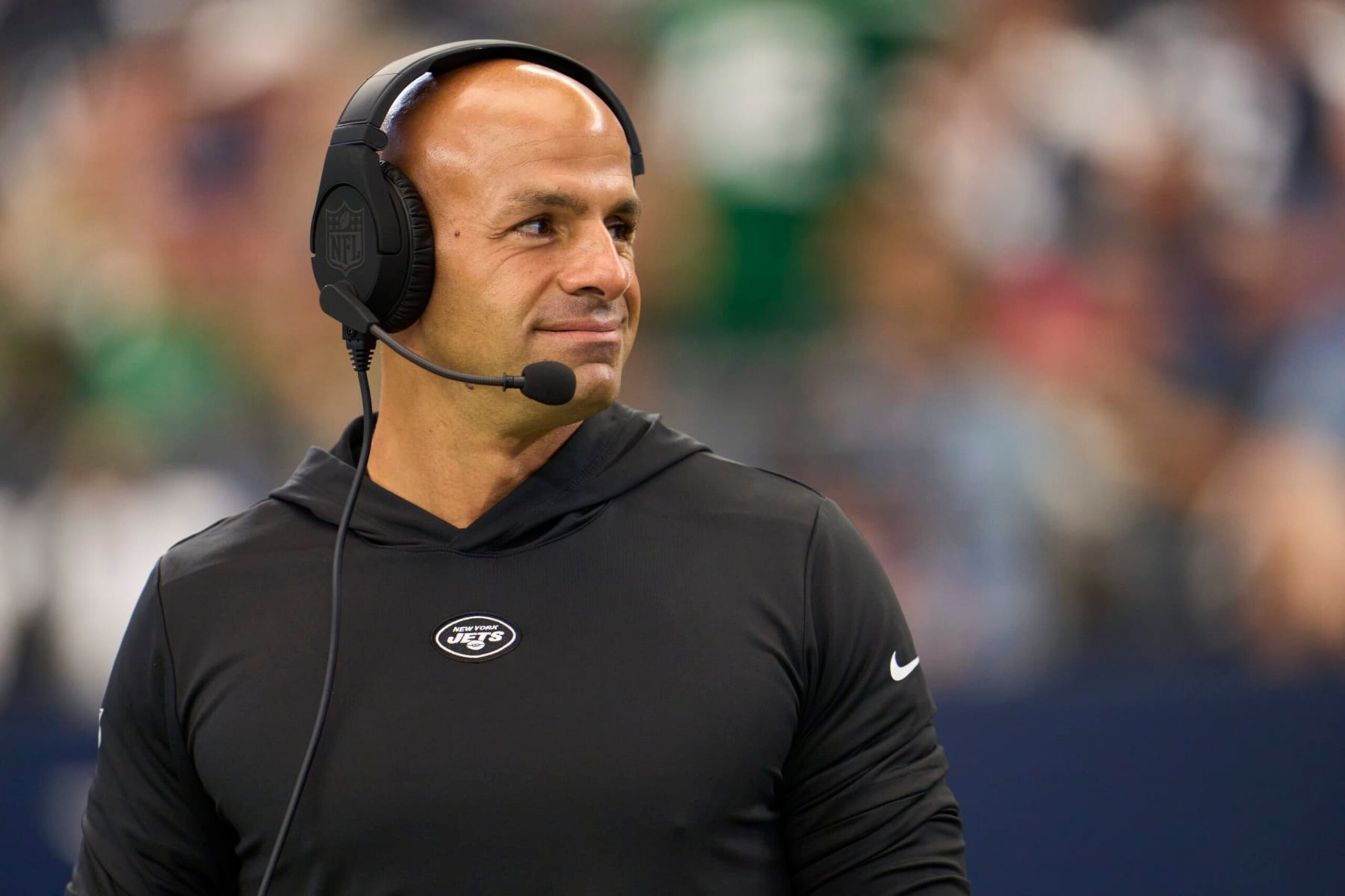 ARLINGTON, TX - SEPTEMBER 17: New York Jets head coach Robert Saleh looks on before kickoff against the Dallas Cowboys during the game at AT&T Stadium on September 17, 2023 in Arlington, Texas. (Photo by Cooper Neill/Getty Images)