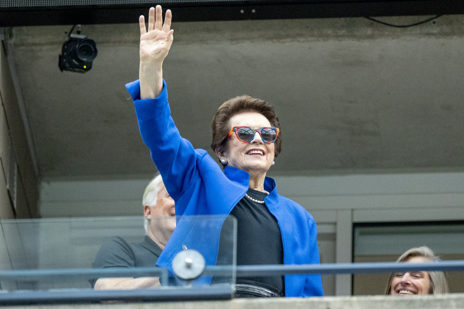 NEW YORK, USA:  September 10: Billy Jean King reacts as she is introduced to the spectators at the Men's Singles Final on Arthur Ashe Stadium during the US Open Tennis Championship 2023 at the USTA National Tennis Centre on September 10th, 2023 in Flushing, Queens, New York City.  (Photo by Tim Clayton/Corbis via Getty Images)