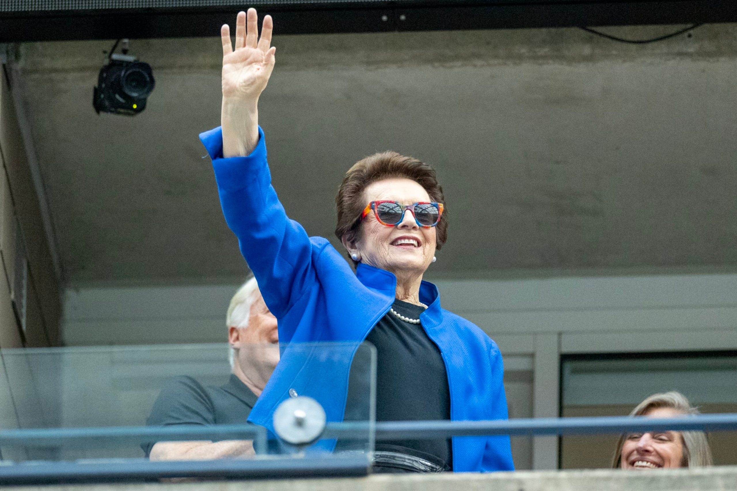 NEW YORK, USA:  September 10: Billy Jean King reacts as she is introduced to the spectators at the Men's Singles Final on Arthur Ashe Stadium during the US Open Tennis Championship 2023 at the USTA National Tennis Centre on September 10th, 2023 in Flushing, Queens, New York City.  (Photo by Tim Clayton/Corbis via Getty Images)