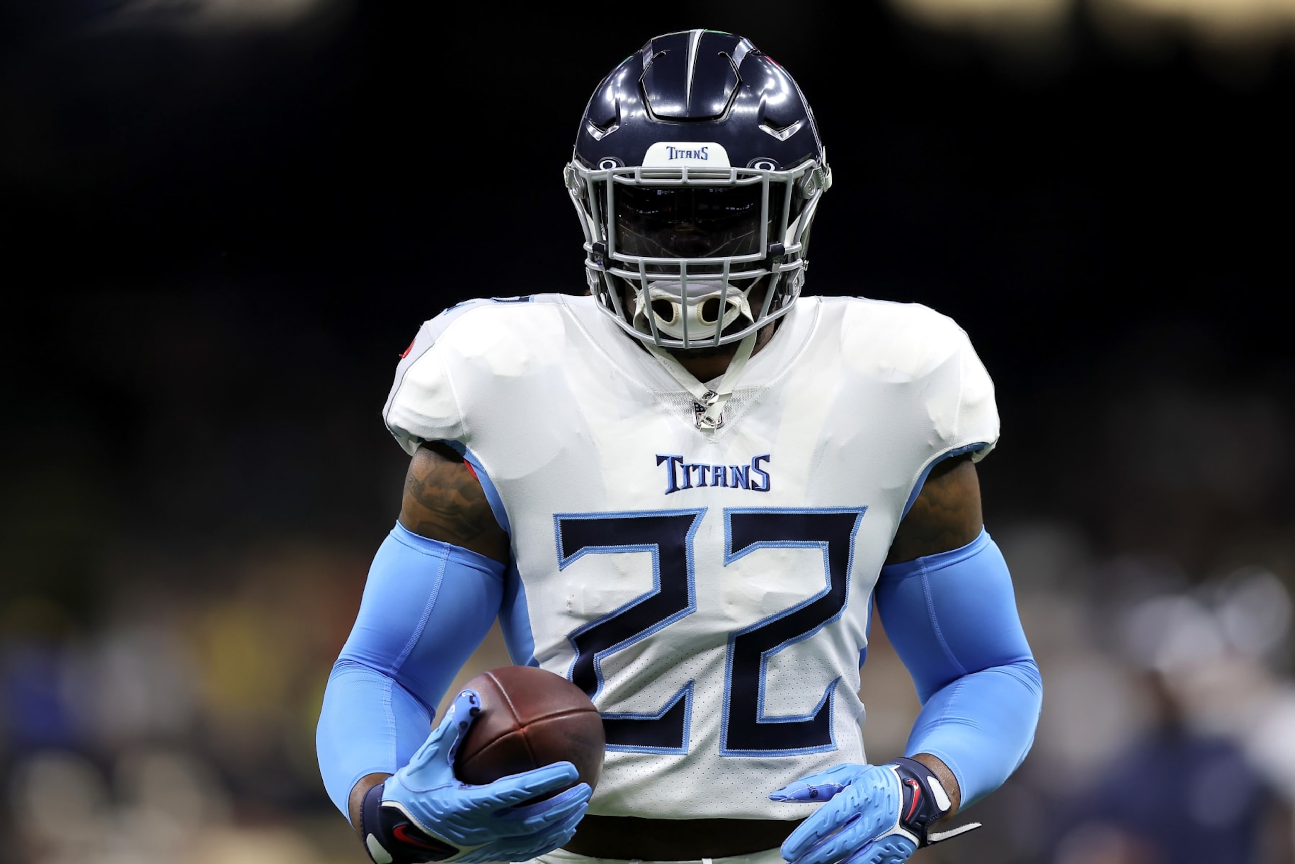 NEW ORLEANS, LOUISIANA - SEPTEMBER 10: Derrick Henry #22 of the Tennessee Titans warms up against the New Orleans Saints at Caesars Superdome on September 10, 2023 in New Orleans, Louisiana. (Photo by Jonathan Bachman/Getty Images) NEW ORLEANS, LOUISIANA - SEPTEMBER 10: Derrick Henry #22 of the Tennessee Titans warms up against the New Orleans Saints at Caesars Superdome on September 10, 2023 in New Orleans, Louisiana. (Photo by Jonathan Bachman/Getty Images)