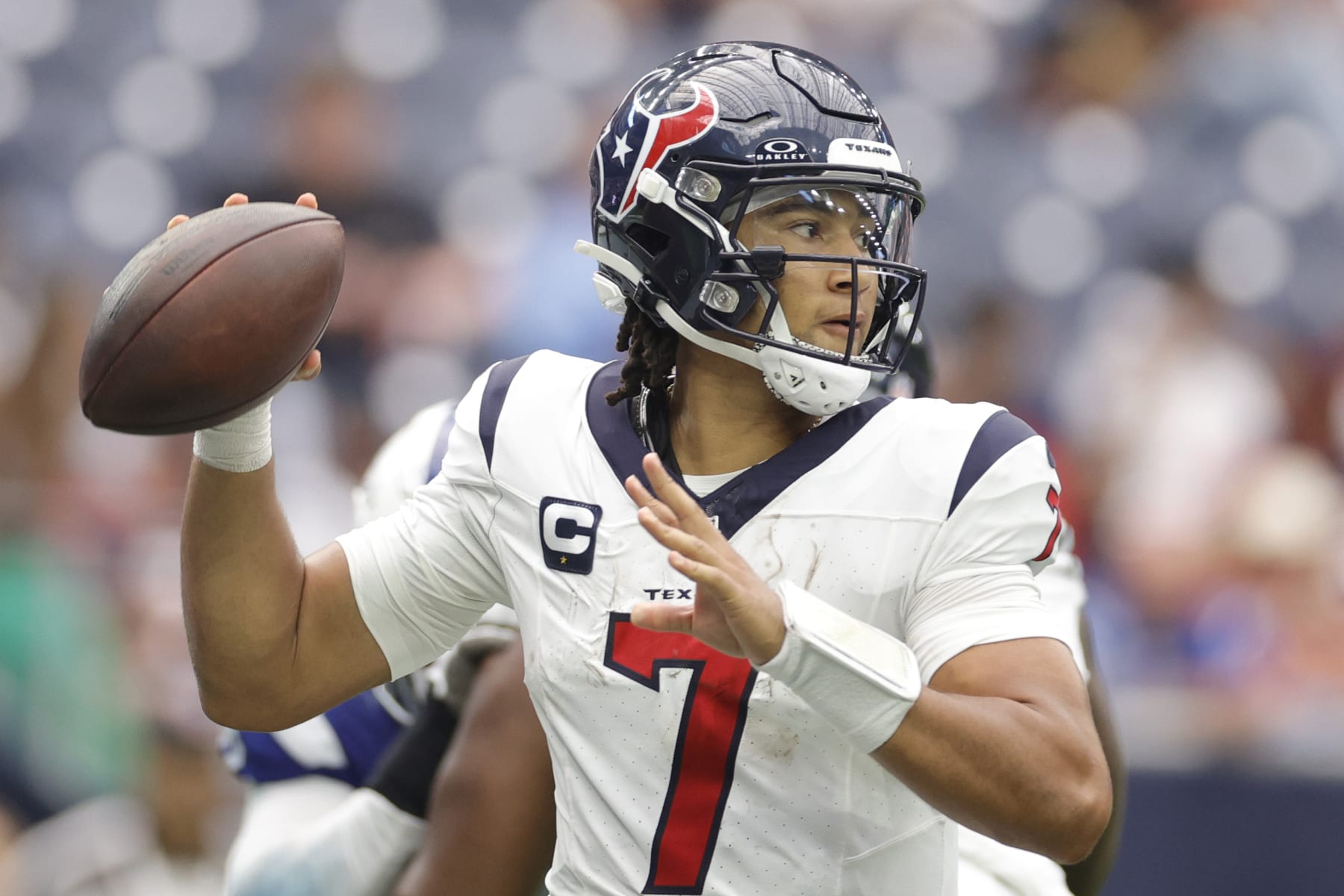 HOUSTON, TEXAS - SEPTEMBER 17: C.J. Stroud #7 of the Houston Texans in action against the Indianapolis Colts at NRG Stadium on September 17, 2023 in Houston, Texas. (Photo by Carmen Mandato/Getty Images)