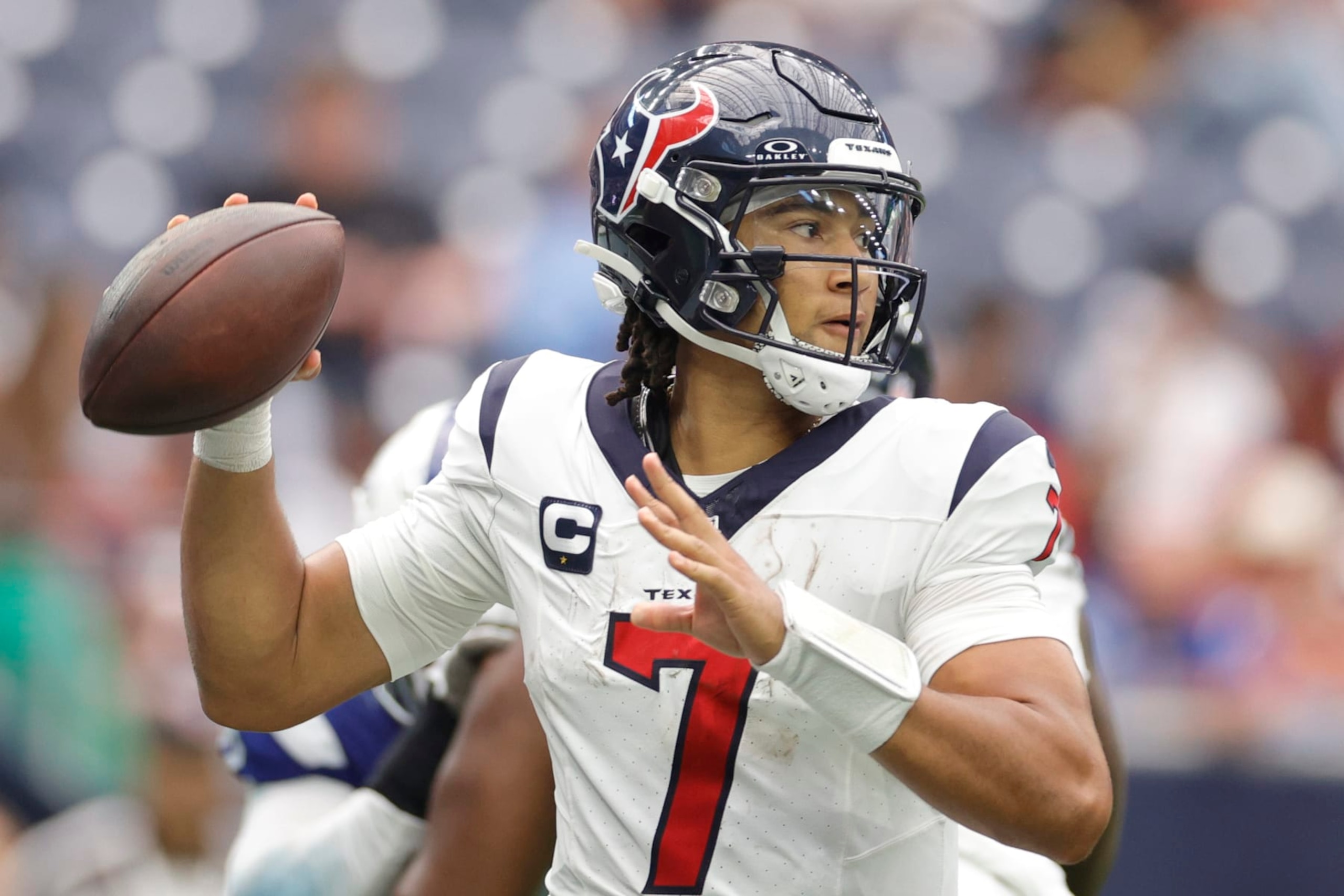 HOUSTON, TEXAS - SEPTEMBER 17: C.J. Stroud #7 of the Houston Texans in action against the Indianapolis Colts at NRG Stadium on September 17, 2023 in Houston, Texas. (Photo by Carmen Mandato/Getty Images)