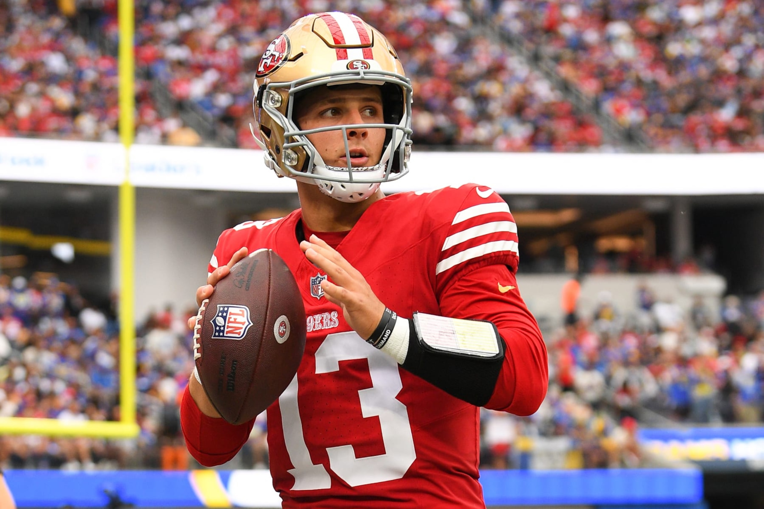 INGLEWOOD, CA - SEPTEMBER 17: San Francisco 49ers quarterback Brock Purdy (13) warms up during the NFL game between the San Francisco 49ers and the Los Angeles Rams on September 17, 2023, at SoFi Stadium in Inglewood, CA. (Photo by Brian Rothmuller/Icon Sportswire via Getty Images)