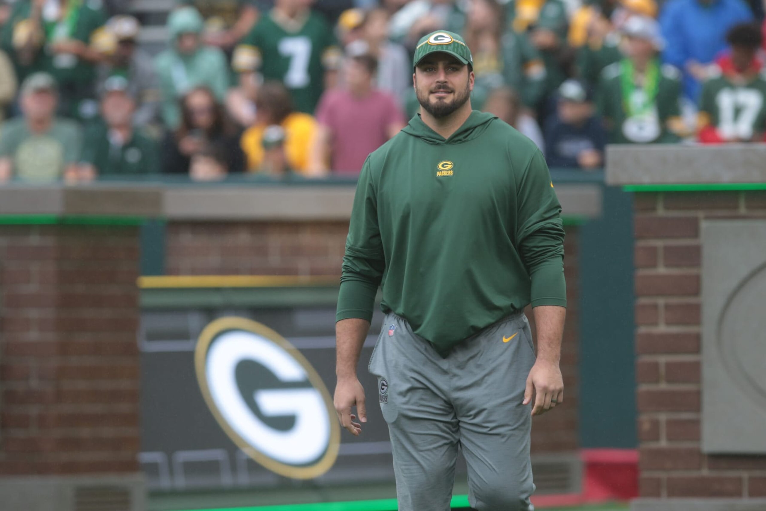 GREEN BAY, WI - AUGUST 26: Green Bay Packers offensive tackle David Bakhtiari (69) walks to the bench during a game between the Green Bay Packers and the Seattle Seahawks at Lambeau Field on August 26, 2023 in Green Bay, WI. (Photo by Larry Radloff/Icon Sportswire via Getty Images)