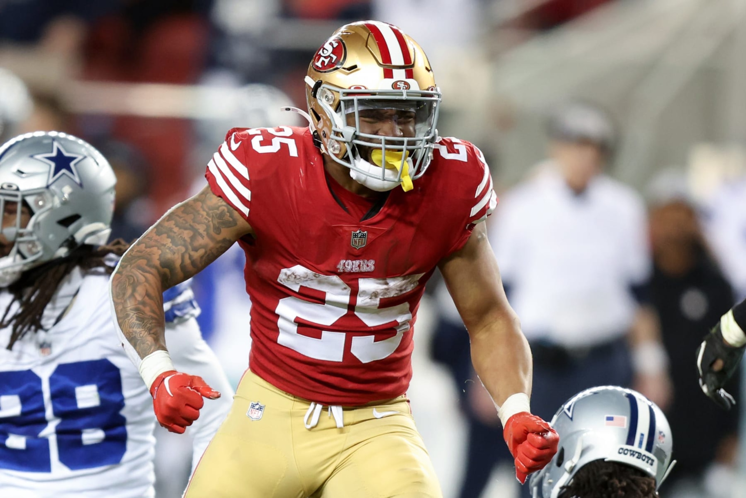 SANTA CLARA, CALIFORNIA - JANUARY 22: Elijah Mitchell #25 of the San Francisco 49ers reacts after a play against the Dallas Cowboys during the second half in the NFC Divisional Playoff game at Levi's Stadium on January 22, 2023 in Santa Clara, California. (Photo by Lachlan Cunningham/Getty Images) SANTA CLARA, CALIFORNIA - JANUARY 22: Elijah Mitchell #25 of the San Francisco 49ers reacts after a play against the Dallas Cowboys during the second half in the NFC Divisional Playoff game at Levi's Stadium on January 22, 2023 in Santa Clara, California. (Photo by Lachlan Cunningham/Getty Images)