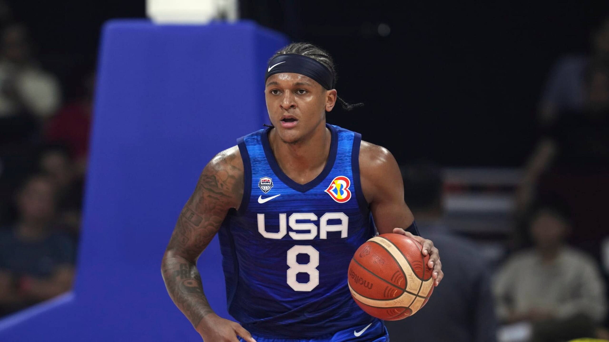 U.S. forward Paolo Banchero (8) plays against Greece during the first half of a Basketball World Cup group C match in Manila, Philippines Monday, Aug. 28, 2023.(AP Photo/Michael Conroy)