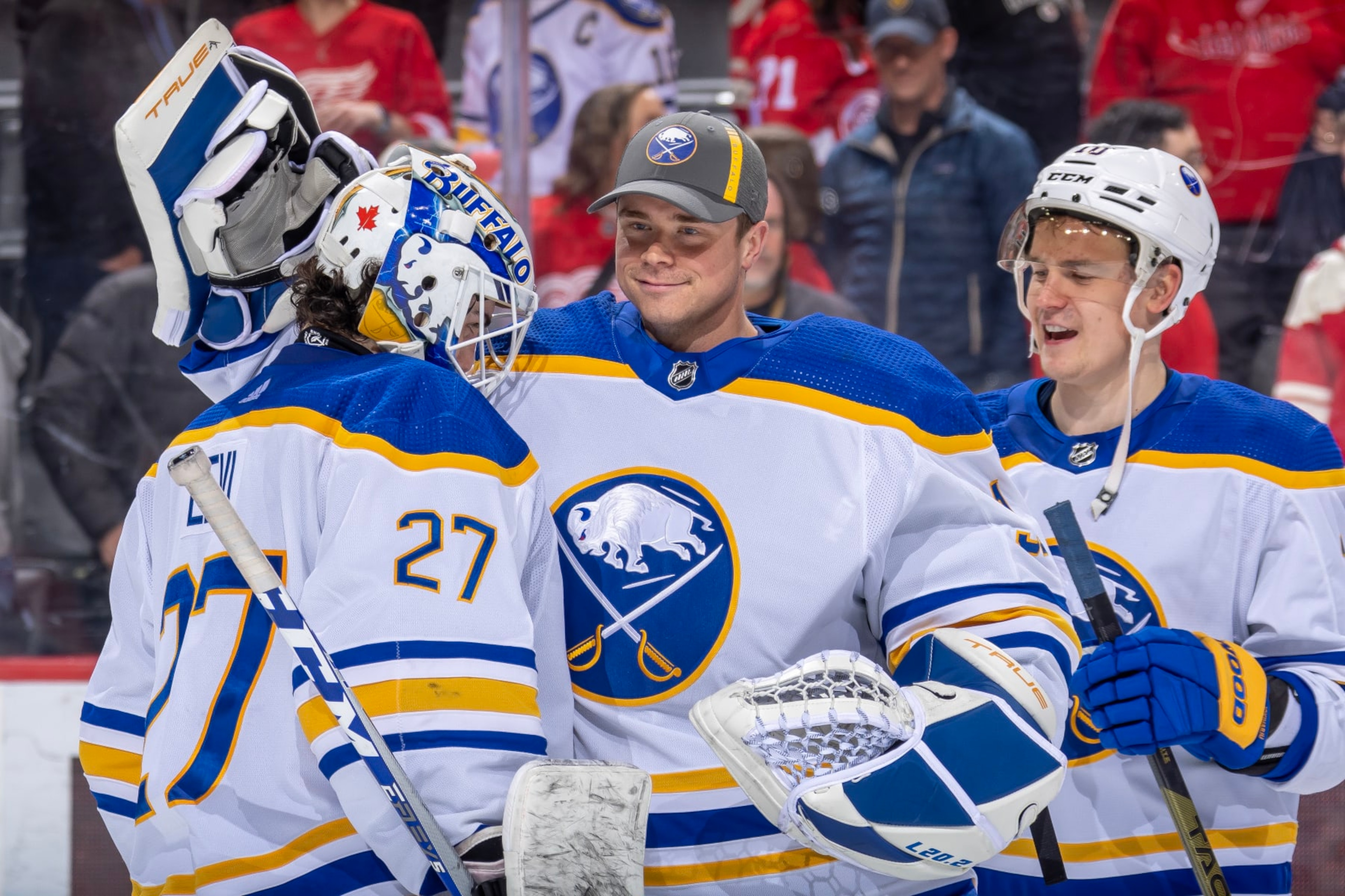 Goaltenders Devon Levi (left) and Eric Comrie (center) Goaltenders Devon Levi (left) and Eric Comrie (center)