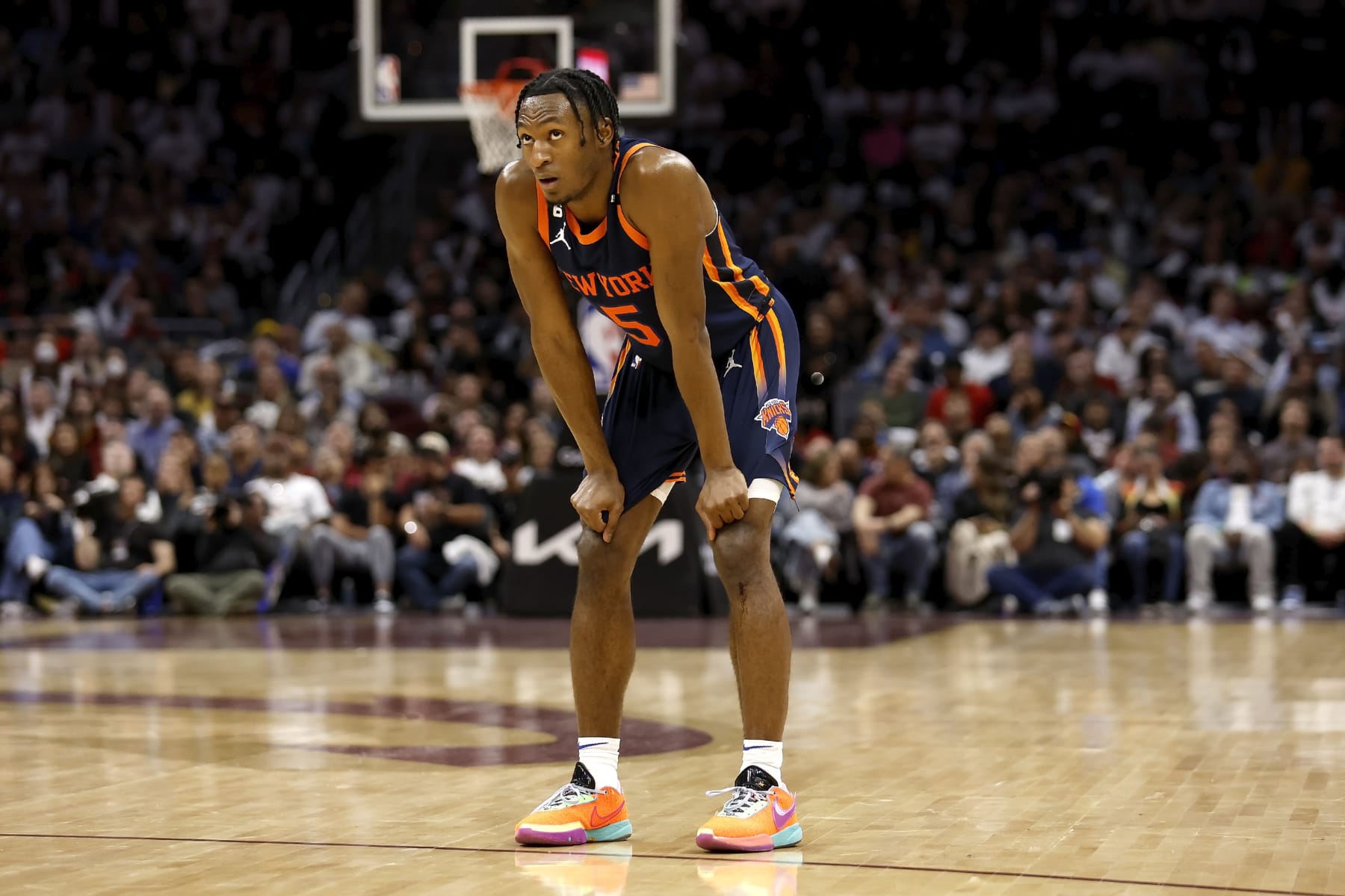 CLEVELAND, OH - APRIL 26:  Immanuel Quickley #5 of the New York Knicks reacts after getting called for a foul during Game Five of the Eastern Conference First Round Playoffs against the Cleveland Cavaliers at Rocket Mortgage Fieldhouse on April 26, 2023 in Cleveland, Ohio. New York defeated Cleveland 106-95 to win the series 4-1. NOTE TO USER: User expressly acknowledges and agrees that, by downloading and or using this photograph, User is consenting to the terms and conditions of the Getty Images License Agreement. (Photo by Kirk Irwin/Getty Images)