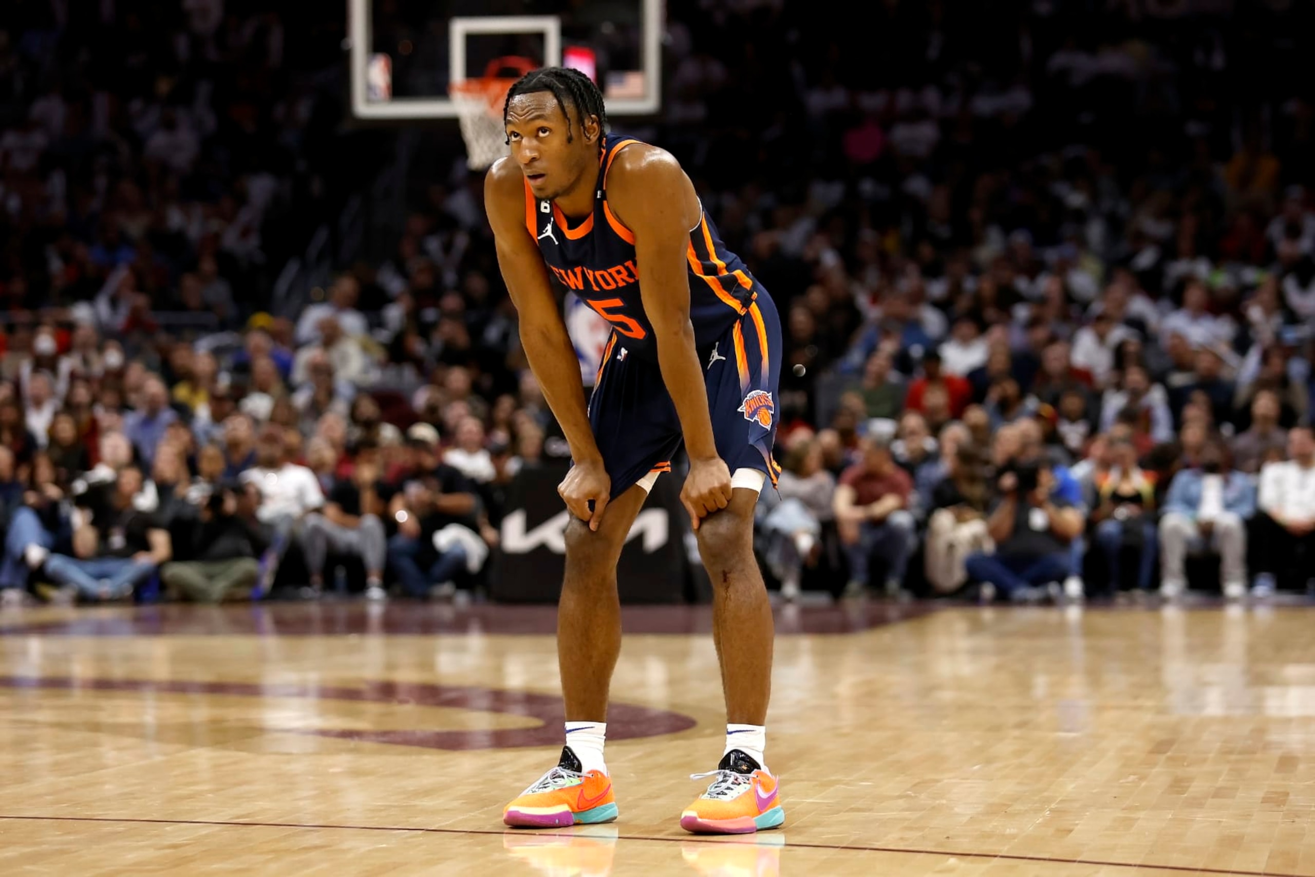 CLEVELAND, OH - APRIL 26:  Immanuel Quickley #5 of the New York Knicks reacts after getting called for a foul during Game Five of the Eastern Conference First Round Playoffs against the Cleveland Cavaliers at Rocket Mortgage Fieldhouse on April 26, 2023 in Cleveland, Ohio. New York defeated Cleveland 106-95 to win the series 4-1. NOTE TO USER: User expressly acknowledges and agrees that, by downloading and or using this photograph, User is consenting to the terms and conditions of the Getty Images License Agreement. (Photo by Kirk Irwin/Getty Images)