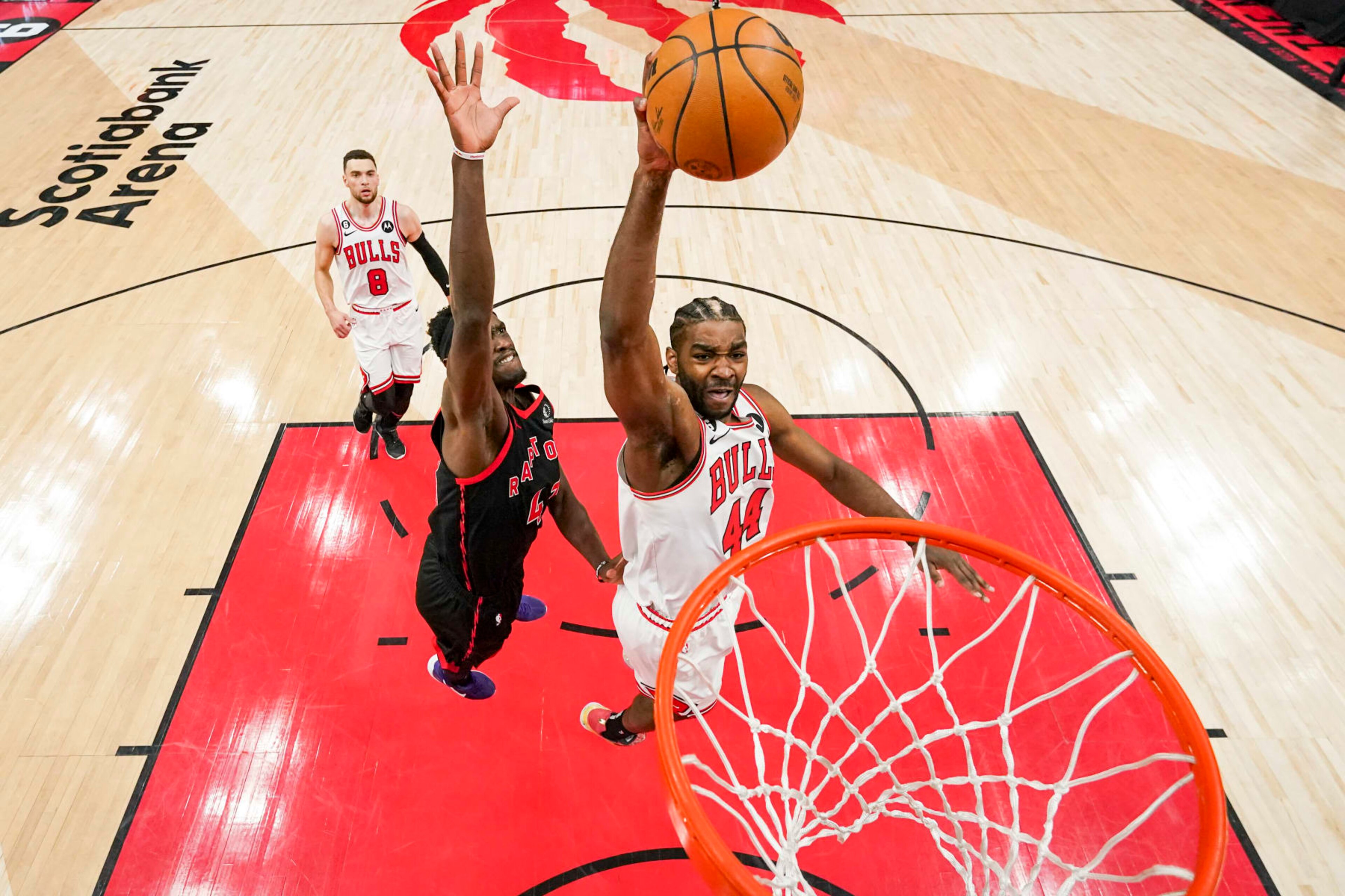 TORONTO, ON - APRIL 12: Patrick Williams #44 of the Chicago Bulls goes to the basket against Pascal Siakam #43 of the Toronto Raptors during the 2023 Play-In Tournament at the Scotiabank Arena on April 12, 2023 in Toronto, Ontario, Canada. NOTE TO USER: User expressly acknowledges and agrees that, by downloading and/or using this Photograph, user is consenting to the terms and conditions of the Getty Images License Agreement. (Photo by Andrew Lahodynskyj/Getty Images) TORONTO, ON - APRIL 12: Patrick Williams #44 of the Chicago Bulls goes to the basket against Pascal Siakam #43 of the Toronto Raptors during the 2023 Play-In Tournament at the Scotiabank Arena on April 12, 2023 in Toronto, Ontario, Canada. NOTE TO USER: User expressly acknowledges and agrees that, by downloading and/or using this Photograph, user is consenting to the terms and conditions of the Getty Images License Agreement. (Photo by Andrew Lahodynskyj/Getty Images)