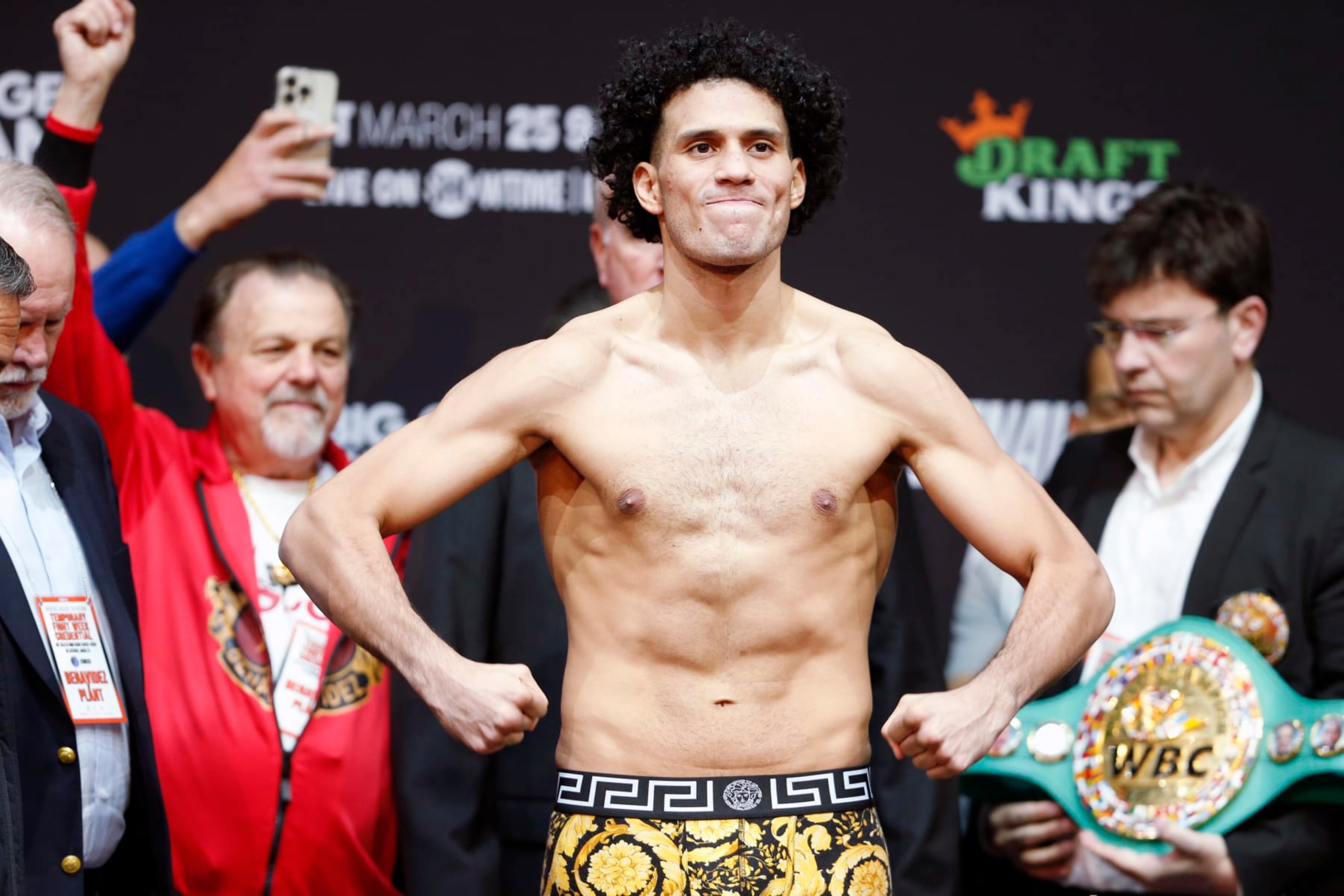 LAS VEGAS, NEVADA - MARCH 24: Super middleweight boxer David Benavidez poses on the scale during an official weigh-in at MGM Grand Hotel & Casino on March 24, 2023, in Las Vegas, Nevada. Benavidez will defend his WBC interim super middleweight title against Caleb Plant at MGM Garden Arena on March 25, 2023, in Las Vegas. (Photo by Steve Marcus/Getty Images)