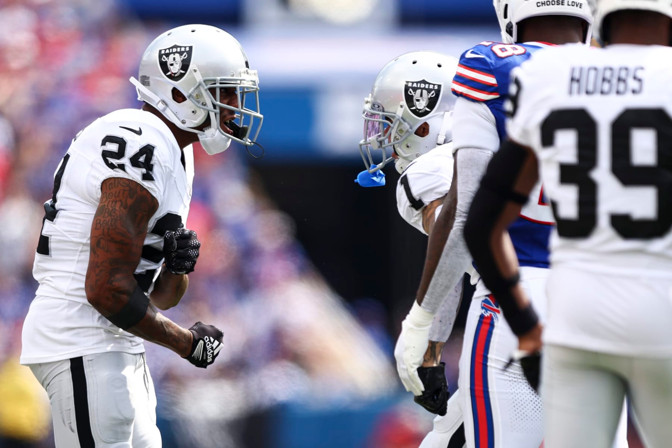 ORCHARD PARK, NY - SEPTEMBER 17: Marcus Peters #24 of the Las Vegas Raiders celebrates after a play during an NFL football game against the Buffalo Bills at Highmark Stadium on September 17, 2023 in Orchard Park, New York. (Photo by Kevin Sabitus/Getty Images)