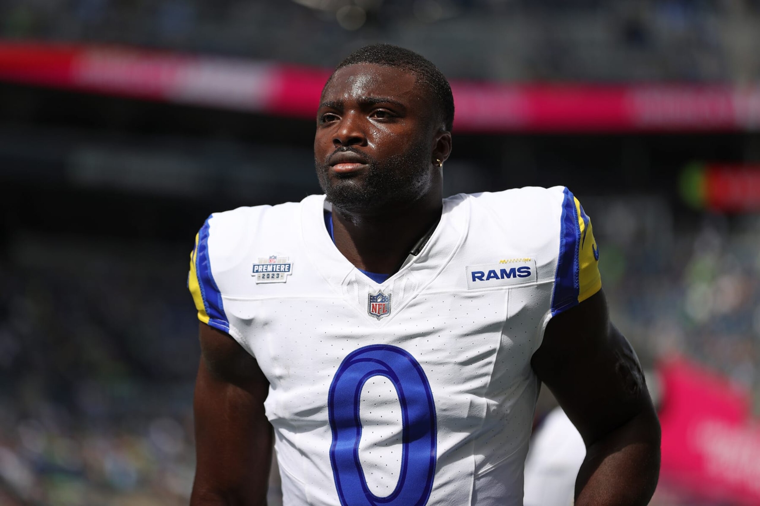 SEATTLE, WASHINGTON - SEPTEMBER 10:  Byron Young #0 of the Los Angeles Rams warms up prior to the game against the Seattle Seahawks at Lumen Field on September 10, 2023 in Seattle, Washington. (Photo by Steph Chambers/Getty Images)