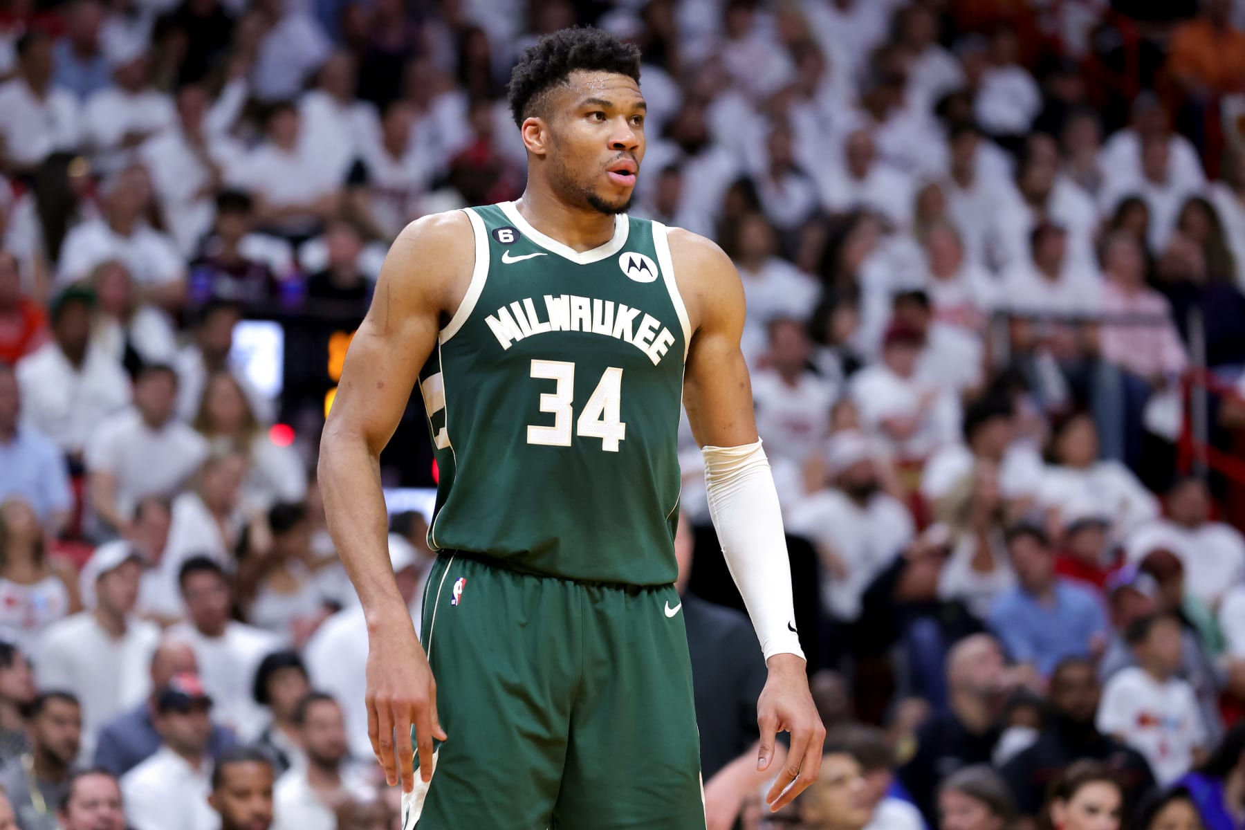 MIAMI, FLORIDA - APRIL 24: Giannis Antetokounmpo #34 of the Milwaukee Bucks looks on against the Miami Heat during the first quarter in Game Four of the Eastern Conference First Round Playoffs at Kaseya Center on April 24, 2023 in Miami, Florida. NOTE TO USER: User expressly acknowledges and agrees that, by downloading and or using this photograph, User is consenting to the terms and conditions of the Getty Images License Agreement. (Photo by Megan Briggs/Getty Images)