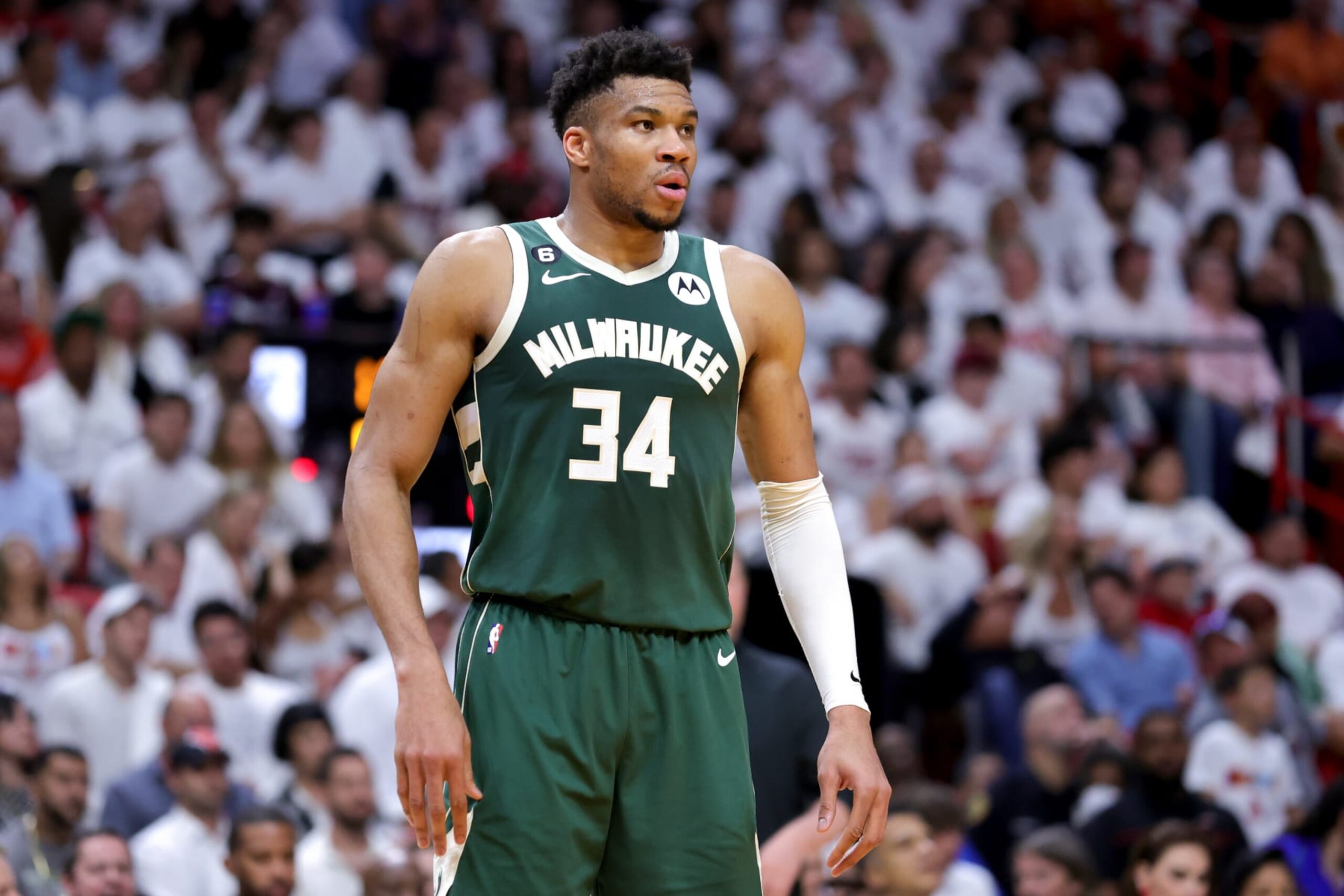 MIAMI, FLORIDA - APRIL 24: Giannis Antetokounmpo #34 of the Milwaukee Bucks looks on against the Miami Heat during the first quarter in Game Four of the Eastern Conference First Round Playoffs at Kaseya Center on April 24, 2023 in Miami, Florida. NOTE TO USER: User expressly acknowledges and agrees that, by downloading and or using this photograph, User is consenting to the terms and conditions of the Getty Images License Agreement. (Photo by Megan Briggs/Getty Images)