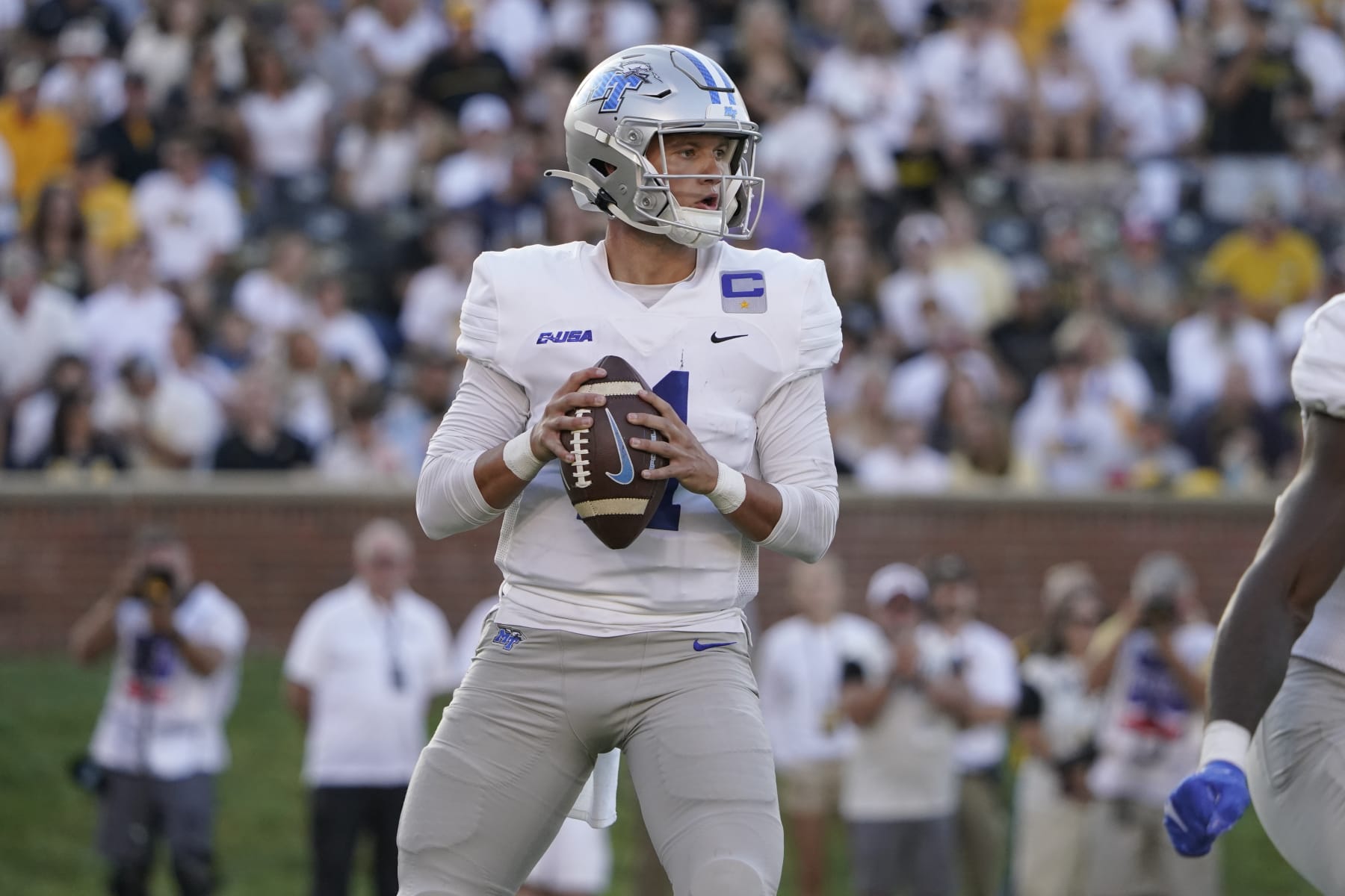 COLUMBIA, MISSOURI - SEPTEMBER 09: Quarterback Nicholas Vattiato #11 of the Middle Tennessee Blue Raiders looks to pass against the Missouri Tigers in the first half at Faurot Field/Memorial Stadium on September 09, 2023 in Columbia, Missouri. (Photo by Ed Zurga/Getty Images)