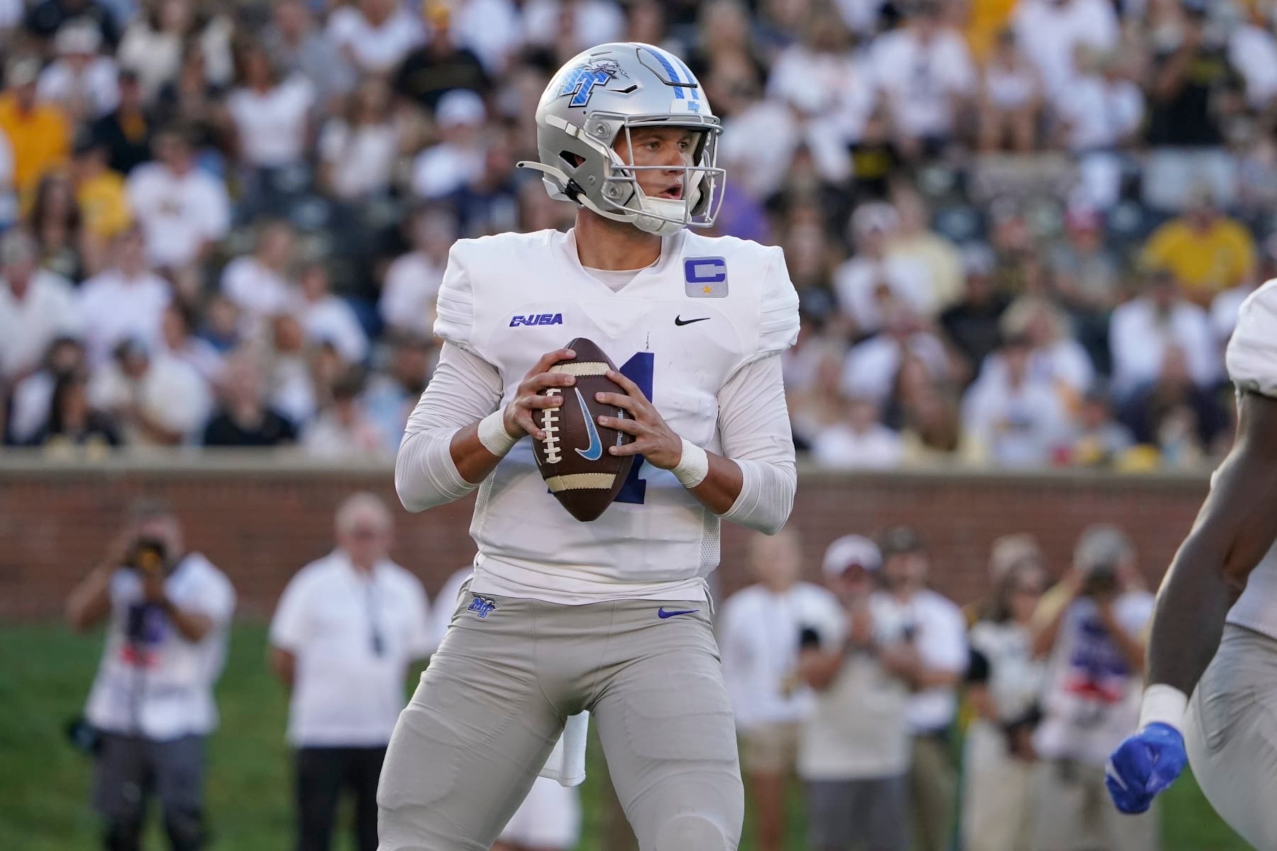 COLUMBIA, MISSOURI - SEPTEMBER 09: Quarterback Nicholas Vattiato #11 of the Middle Tennessee Blue Raiders looks to pass against the Missouri Tigers in the first half at Faurot Field/Memorial Stadium on September 09, 2023 in Columbia, Missouri. (Photo by Ed Zurga/Getty Images) COLUMBIA, MISSOURI - SEPTEMBER 09: Quarterback Nicholas Vattiato #11 of the Middle Tennessee Blue Raiders looks to pass against the Missouri Tigers in the first half at Faurot Field/Memorial Stadium on September 09, 2023 in Columbia, Missouri. (Photo by Ed Zurga/Getty Images)