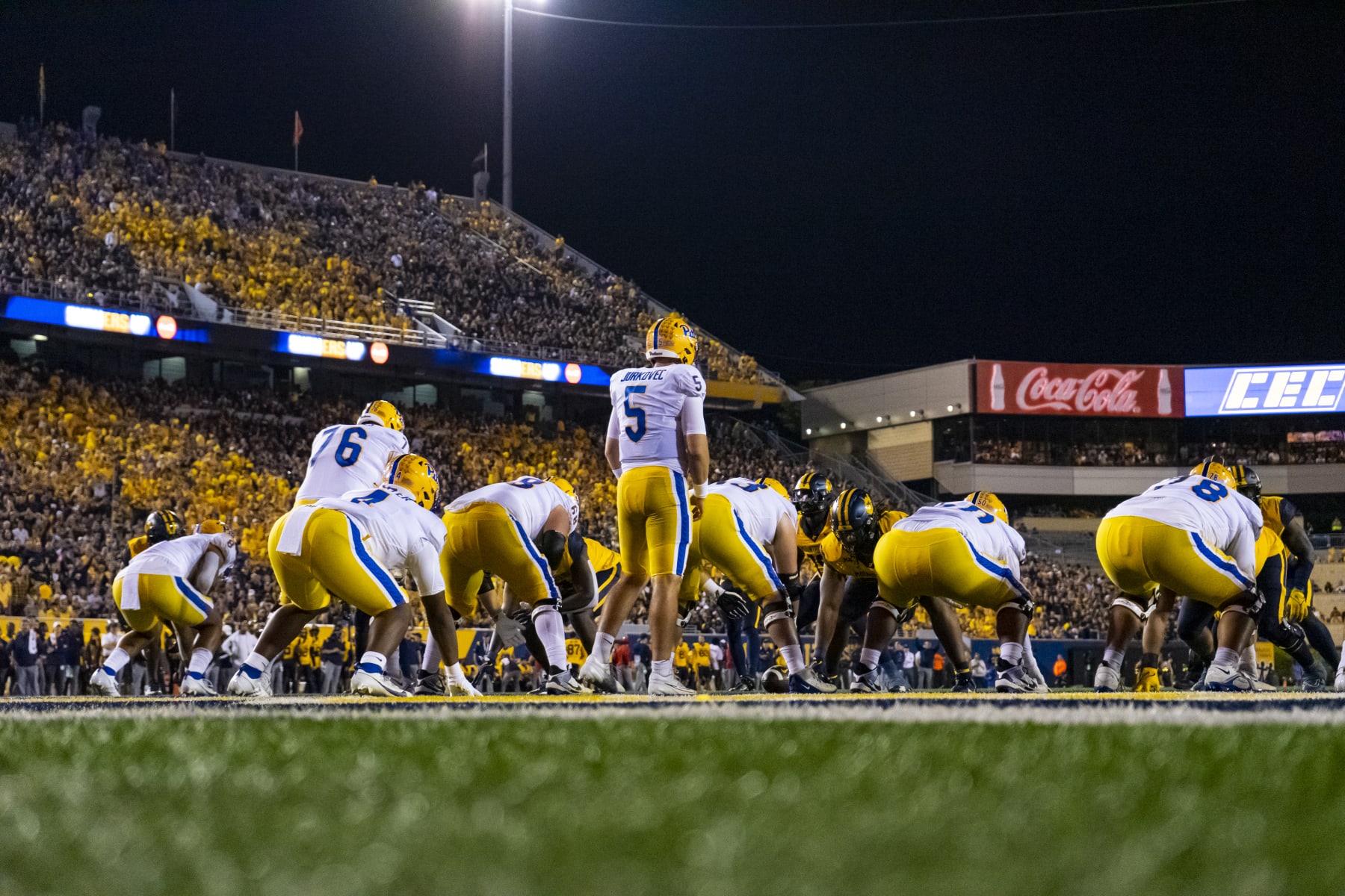MORGANTOWN, WV - SEPTEMBER 16: The Pittsburgh Panthers offense lines up backed into their own end zone during the college football game between the 
Pittsburgh Panthers and the West Virginia Mountaineers on September 16, 2023 at Mountaineer Field at Milan Puskar Stadium in Morgantown, WV. (Photo by Mark Alberti/Icon Sportswire via Getty Images)