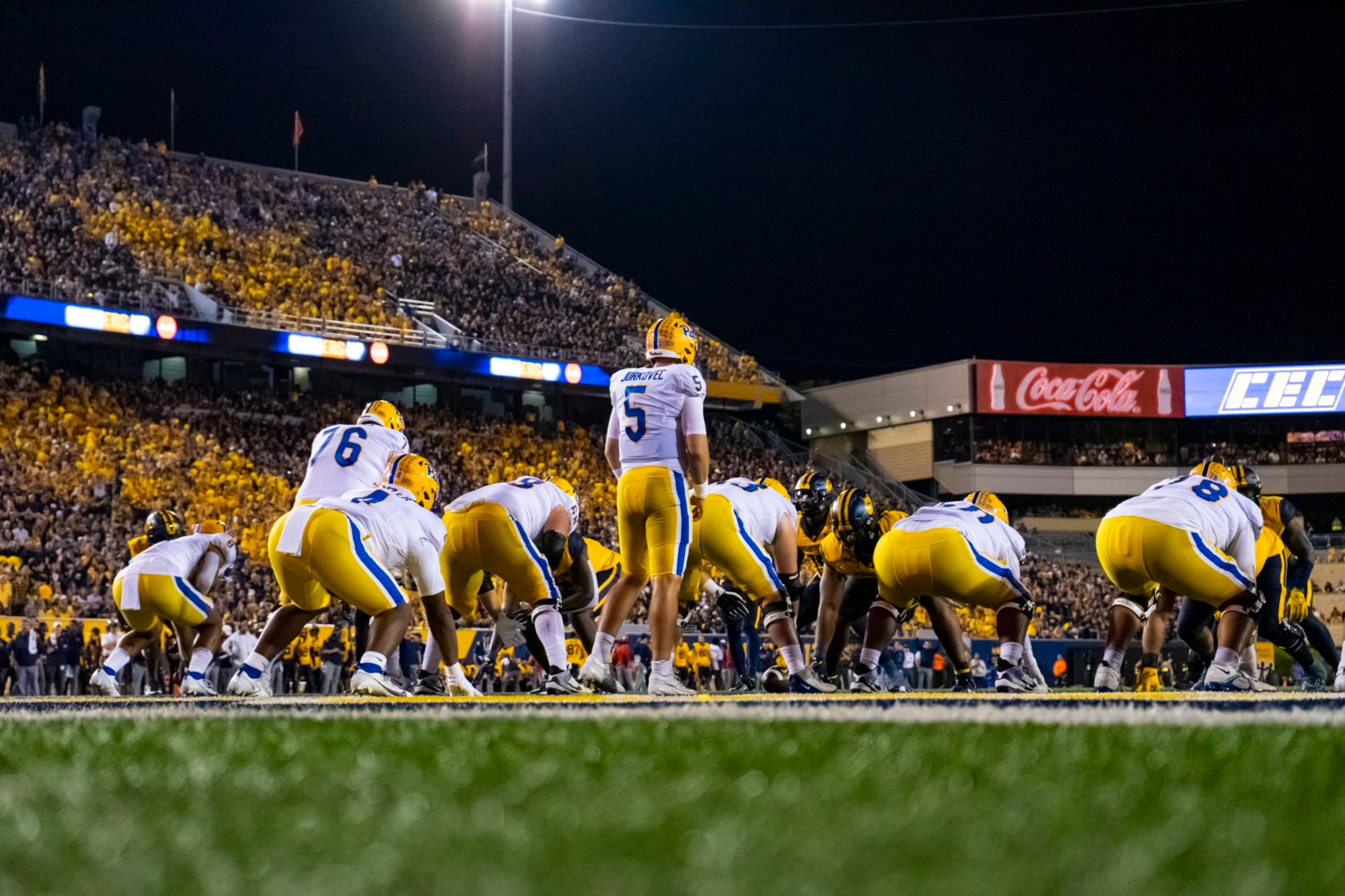 MORGANTOWN, WV - SEPTEMBER 16: The Pittsburgh Panthers offense lines up backed into their own end zone during the college football game between the
Pittsburgh Panthers and the West Virginia Mountaineers on September 16, 2023 at Mountaineer Field at Milan Puskar Stadium in Morgantown, WV. (Photo by Mark Alberti/Icon Sportswire via Getty Images) MORGANTOWN, WV - SEPTEMBER 16: The Pittsburgh Panthers offense lines up backed into their own end zone during the college football game between the
Pittsburgh Panthers and the West Virginia Mountaineers on September 16, 2023 at Mountaineer Field at Milan Puskar Stadium in Morgantown, WV. (Photo by Mark Alberti/Icon Sportswire via Getty Images)
