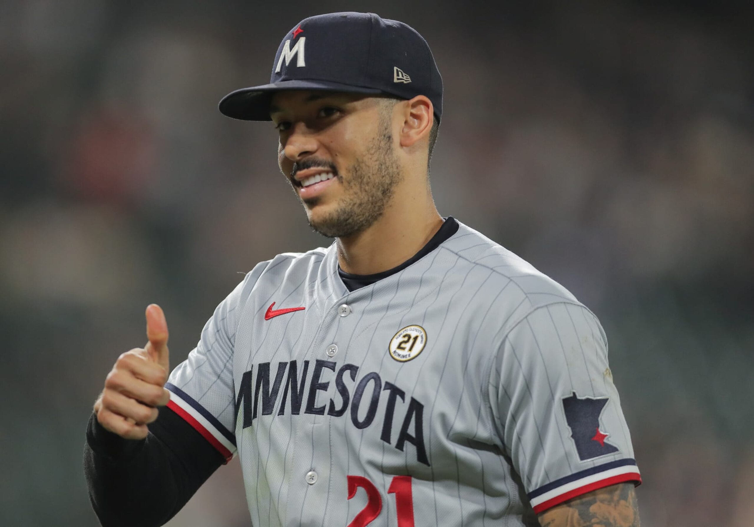 CHICAGO, IL - SEPTEMBER 15: Minnesota Twins shortstop Carlos Correa (21) looks on during a Major League Baseball game between the Minnesota Twins and the Chicago White Sox on September 15, 2023 at Guaranteed Rate Field in Chicago, IL. (Photo by Melissa Tamez/Icon Sportswire via Getty Images) CHICAGO, IL - SEPTEMBER 15: Minnesota Twins shortstop Carlos Correa (21) looks on during a Major League Baseball game between the Minnesota Twins and the Chicago White Sox on September 15, 2023 at Guaranteed Rate Field in Chicago, IL. (Photo by Melissa Tamez/Icon Sportswire via Getty Images)