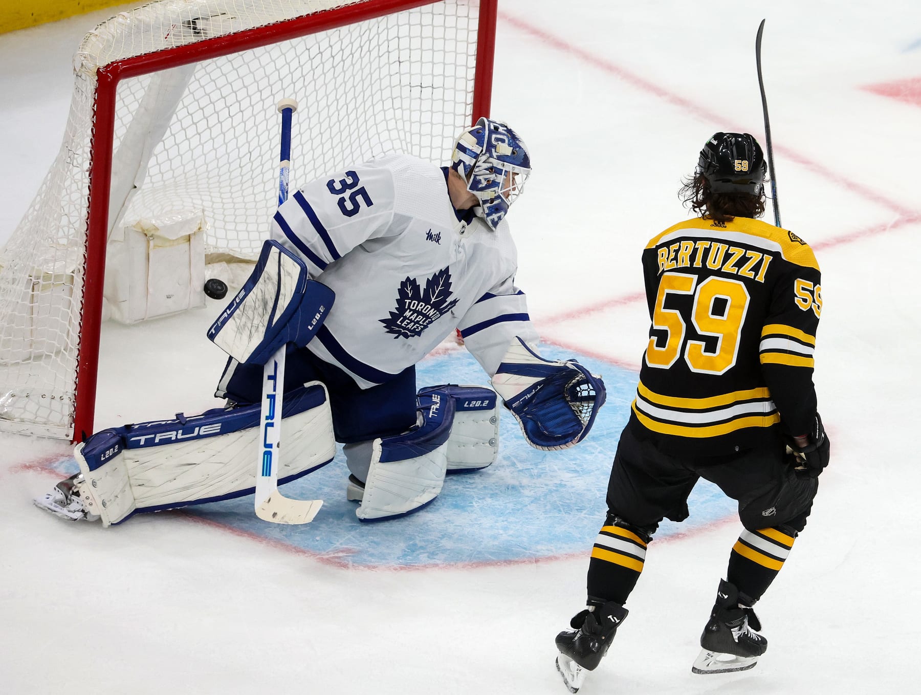 Boston, MA - April 6: Boston Bruins LW Tyler Bertuzzi watches the game-winning goal cross the line. The Bruins defeated the Toronto Maple Leafs, 2-1, in overtime. (Photo by Barry Chin/The Boston Globe via Getty Images)