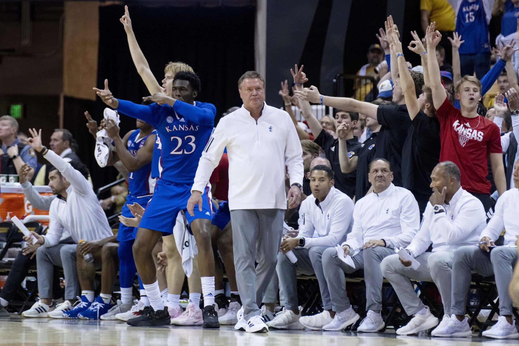 Kansas head coach Bill Self walks in front of his bench during the second half of an NCAA college basketball game against Missouri Saturday, Dec. 10, 2022, in Columbia, Mo. Kansas won 95-67. (AP Photo/L.G. Patterson)