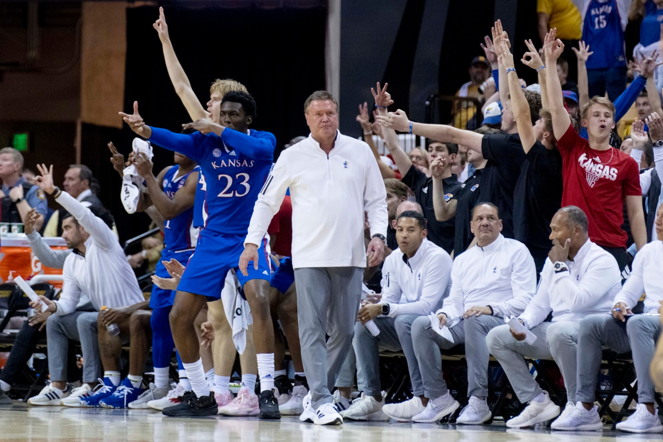 Kansas head coach Bill Self walks in front of his bench during the second half of an NCAA college basketball game against Missouri Saturday, Dec. 10, 2022, in Columbia, Mo. Kansas won 95-67. (AP Photo/L.G. Patterson)