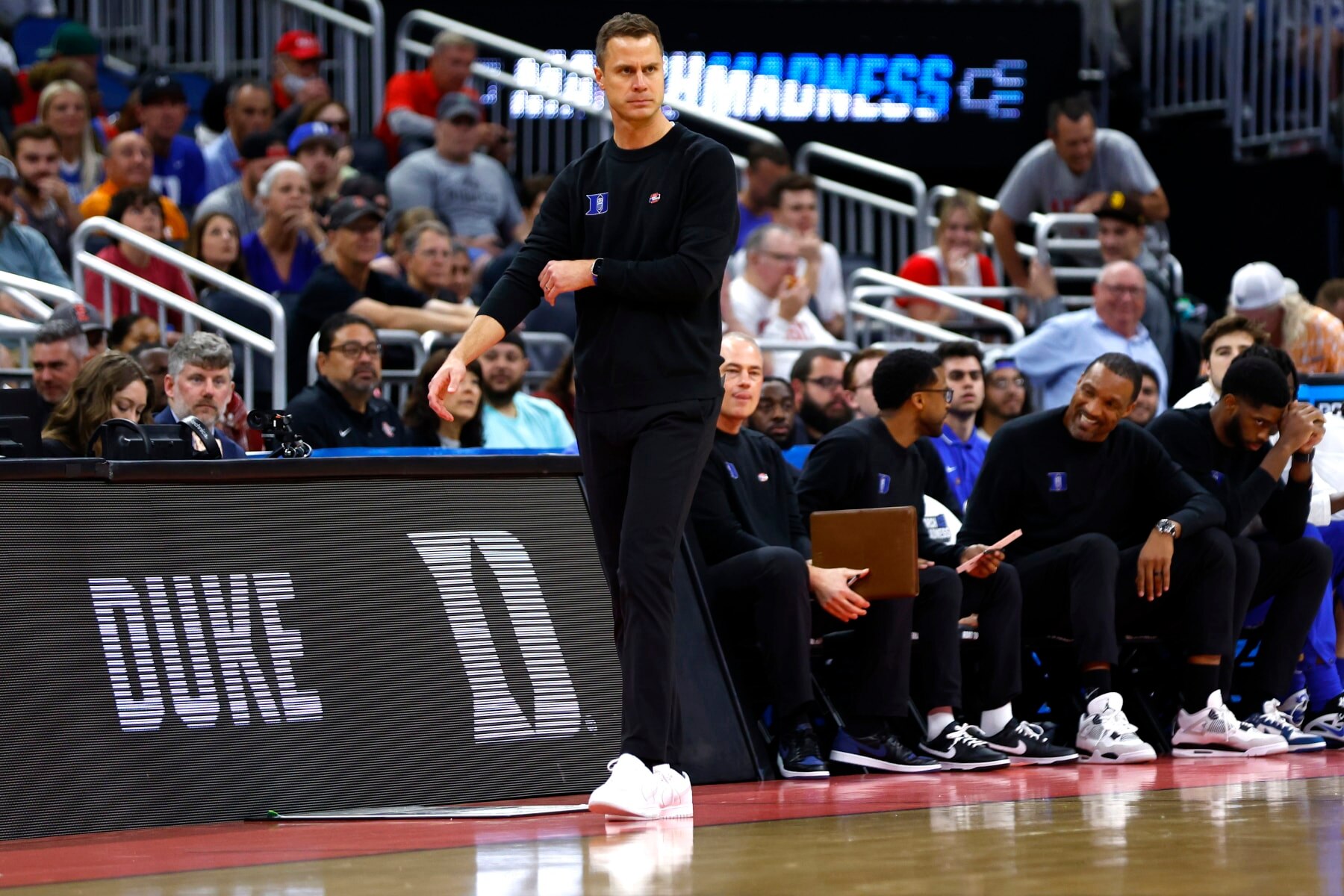 ORLANDO, FLORIDA - MARCH 18: Head coach Jon Scheyer of the Duke Blue Devils looks on during the first half against the Tennessee Volunteers in the second round of the NCAA Men's Basketball Tournament at Amway Center on March 18, 2023 in Orlando, Florida. (Photo by Kevin Sabitus/Getty Images)