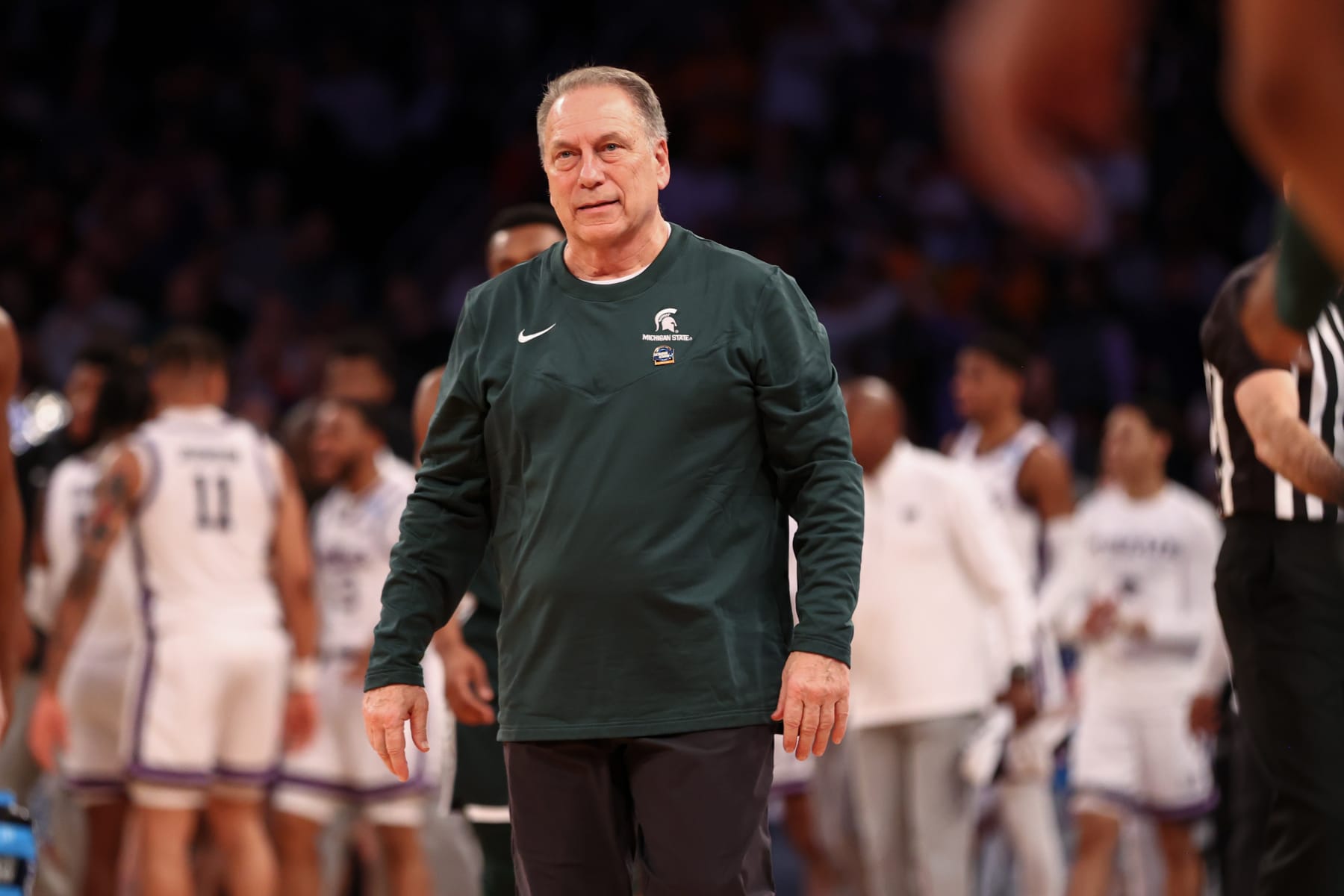 NEW YORK, NEW YORK - MARCH 23: Head coach Tom Izzo of the Michigan State Spartans looks on during the first half of the game against the Kansas State Wildcats during the Sweet Sixteen round of the 2023 NCAA Men's Basketball Tournament held at Madison Square Garden on March 23, 2023 in New York City. (Photo by Jamie Schwaberow/NCAA Photos via Getty Images)