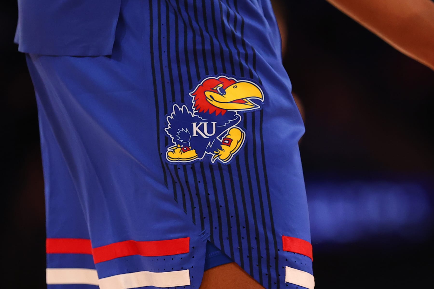 NEW YORK, NY - NOVEMBER 09:  A general view of the Kansas Jayhawks shorts logo during the Champions Classic college basketball game between the Kansas Jayhawks and the Michigan State Spartans on November 9, 2021 at Madison Square Garden in New York City, NY.  (Photo by Rich Graessle/Icon Sportswire via Getty Images)