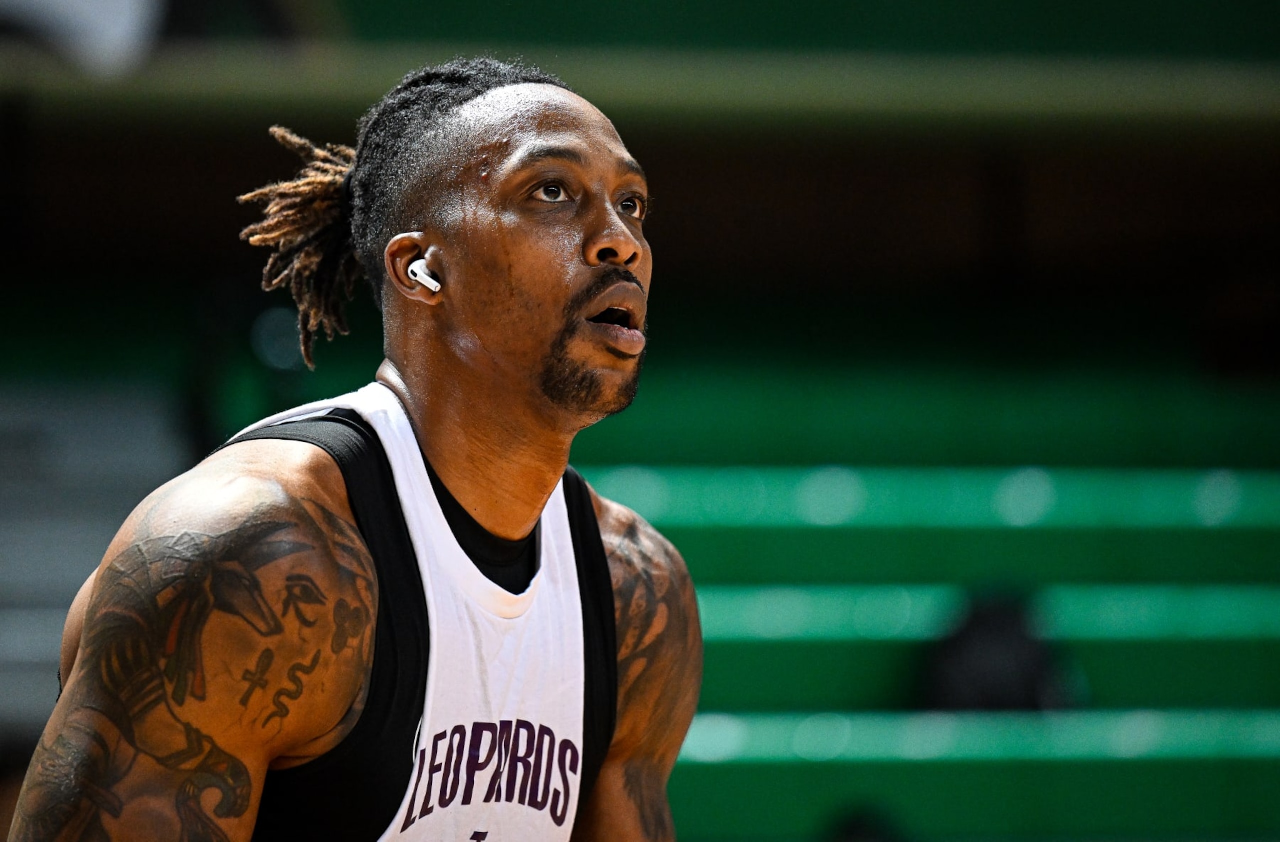 TAIPEI, TAIWAN - FEBRUARY 19: Dwight Howard #12 of the Taoyuan Leopards warms up prior to the T1 League game between TaiwanBeer HeroBears and Taoyuan Leopards at University of Taipei Tianmu Gymnasium on February 19, 2023 in Taipei, Taiwan. (Photo by Gene Wang/Getty Images)