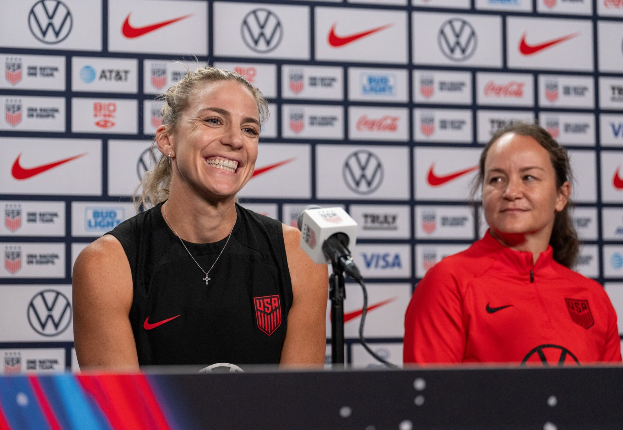 CINCINNATI, OH - SEPTEMBER 20: Julie Ertz of the United States speaks at a press conference during USWNT training at TQL Stadium on September 20, 2023 in Cincinnati, Ohio. (Photo by Brad Smith/ISI Photos/Getty Images).