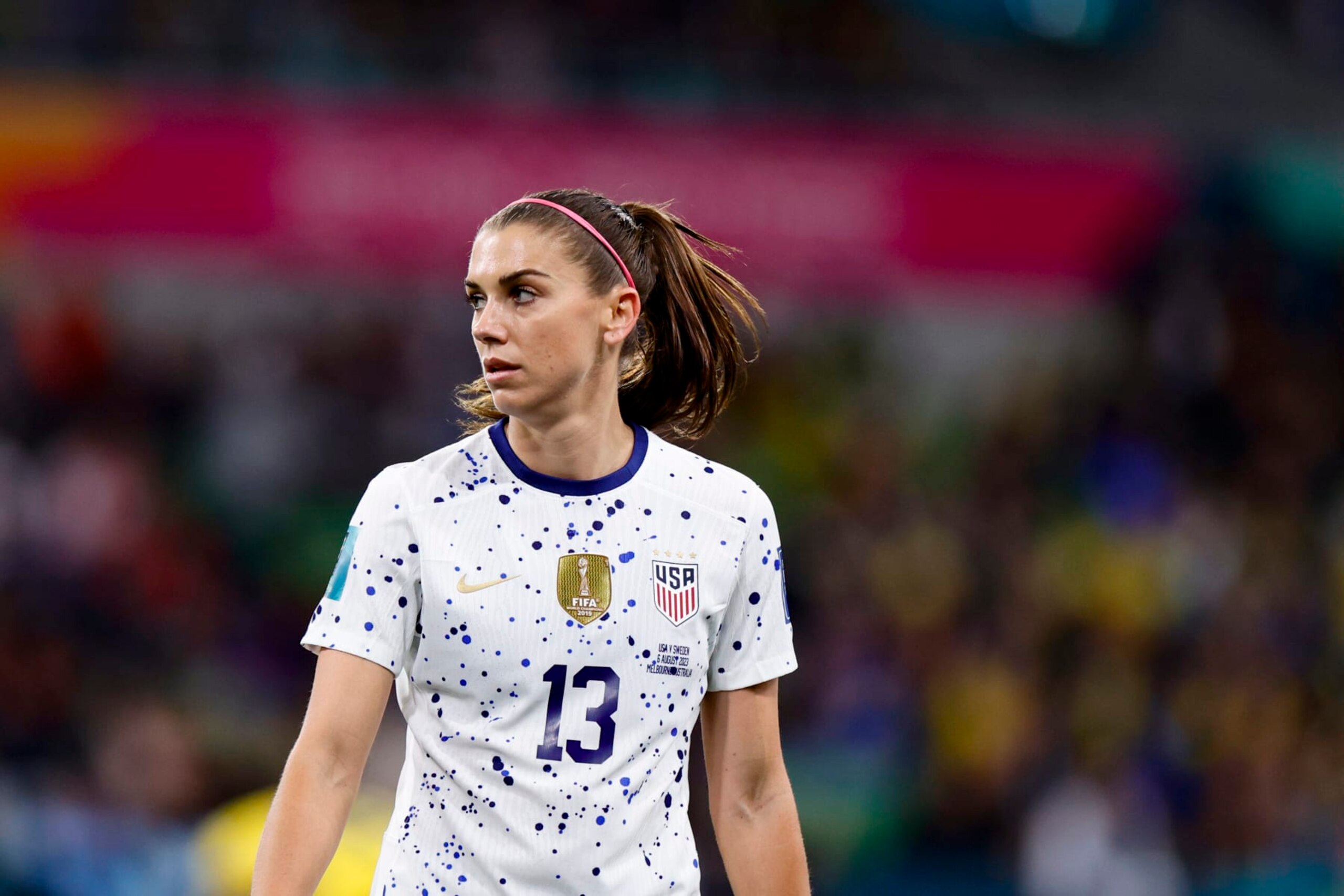 MELBOURNE, AUSTRALIA - AUGUST 06: Alex Morgan #13 of the United States looks on  during the FIFA Women's World Cup Australia & New Zealand 2023 Round of 16 match between Winner Group G and Runner Up Group E at Melbourne Rectangular Stadium on August 06, 2023 in Melbourne, Australia. (Photo by Carmen Mandato/USSF/Getty Images for USSF)