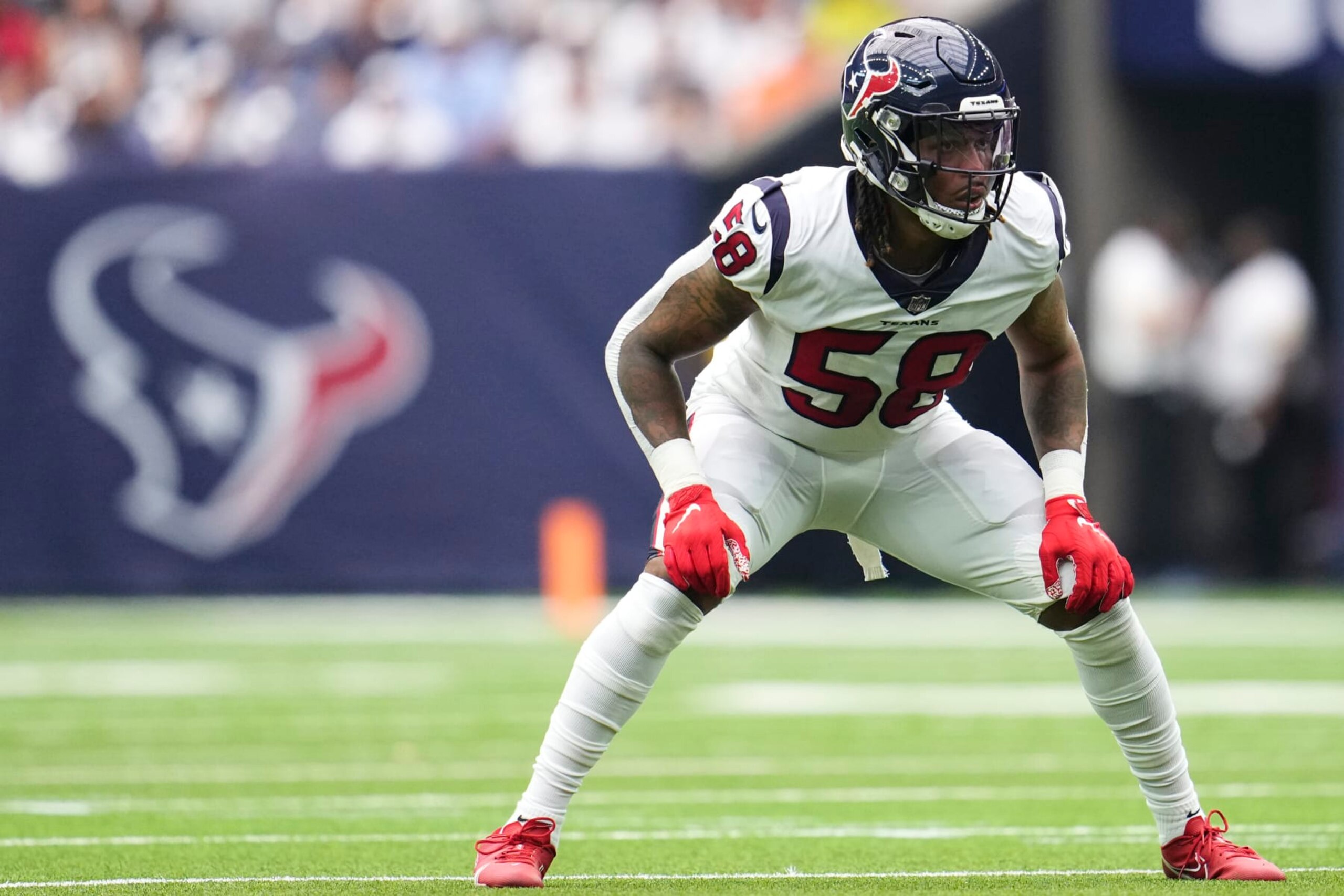 HOUSTON, TEXAS - SEPTEMBER 12: Christian Kirksey #58 of the Houston Texans gets set against the Jacksonville Jaguars during an NFL game at NRG Stadium on September 12, 2021 in Houston, Texas. (Photo by Cooper Neill/Getty Images)