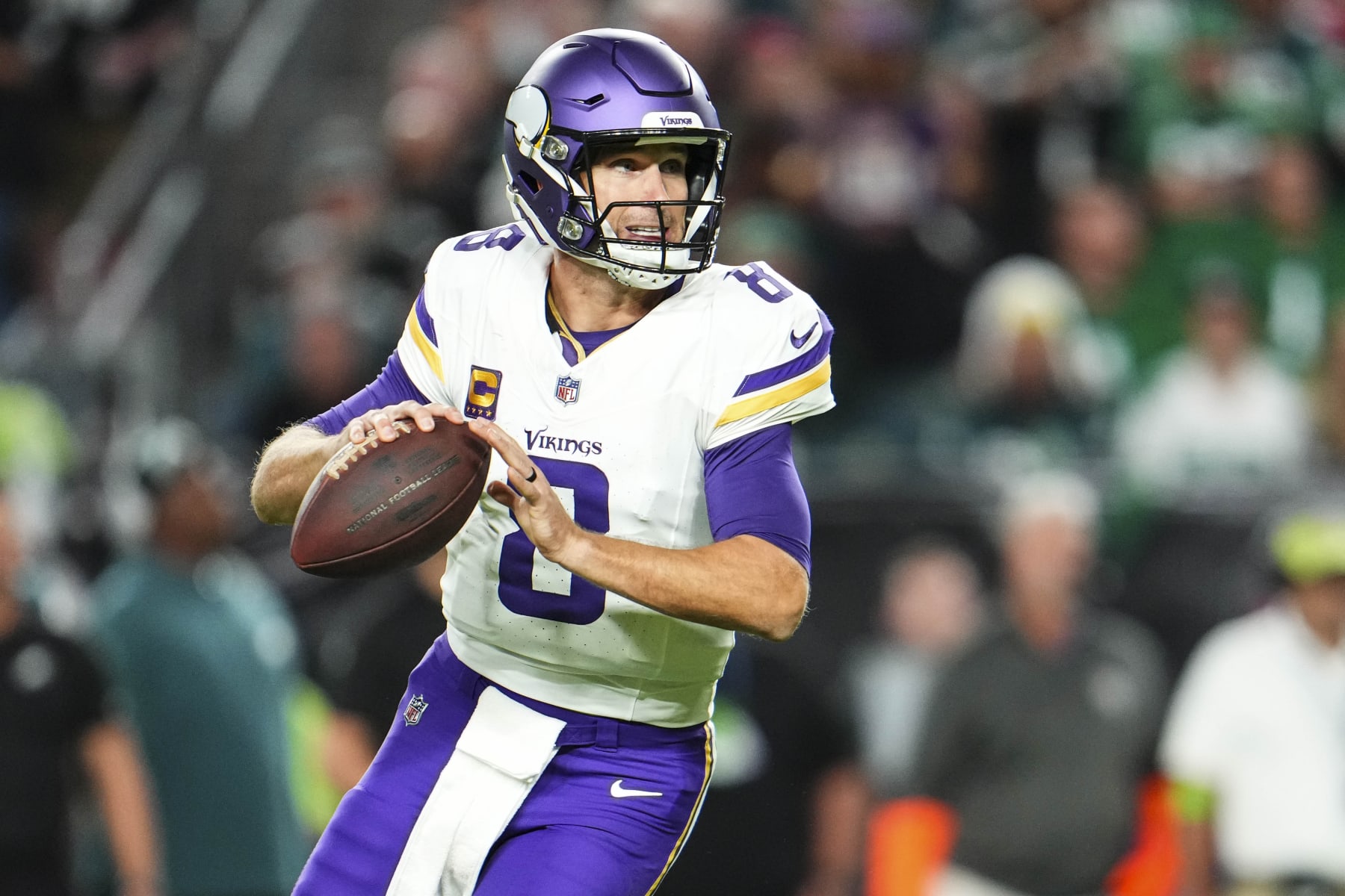 PHILADELPHIA, PA - SEPTEMBER 14: Kirk Cousins #8 of the Minnesota Vikings scrambles out of the pocket during at Lincoln Financial Field on September 14, 2023 in Philadelphia, Pennsylvania. (Photo by Cooper Neill/Getty Images) PHILADELPHIA, PA - SEPTEMBER 14: Kirk Cousins #8 of the Minnesota Vikings scrambles out of the pocket during at Lincoln Financial Field on September 14, 2023 in Philadelphia, Pennsylvania. (Photo by Cooper Neill/Getty Images)