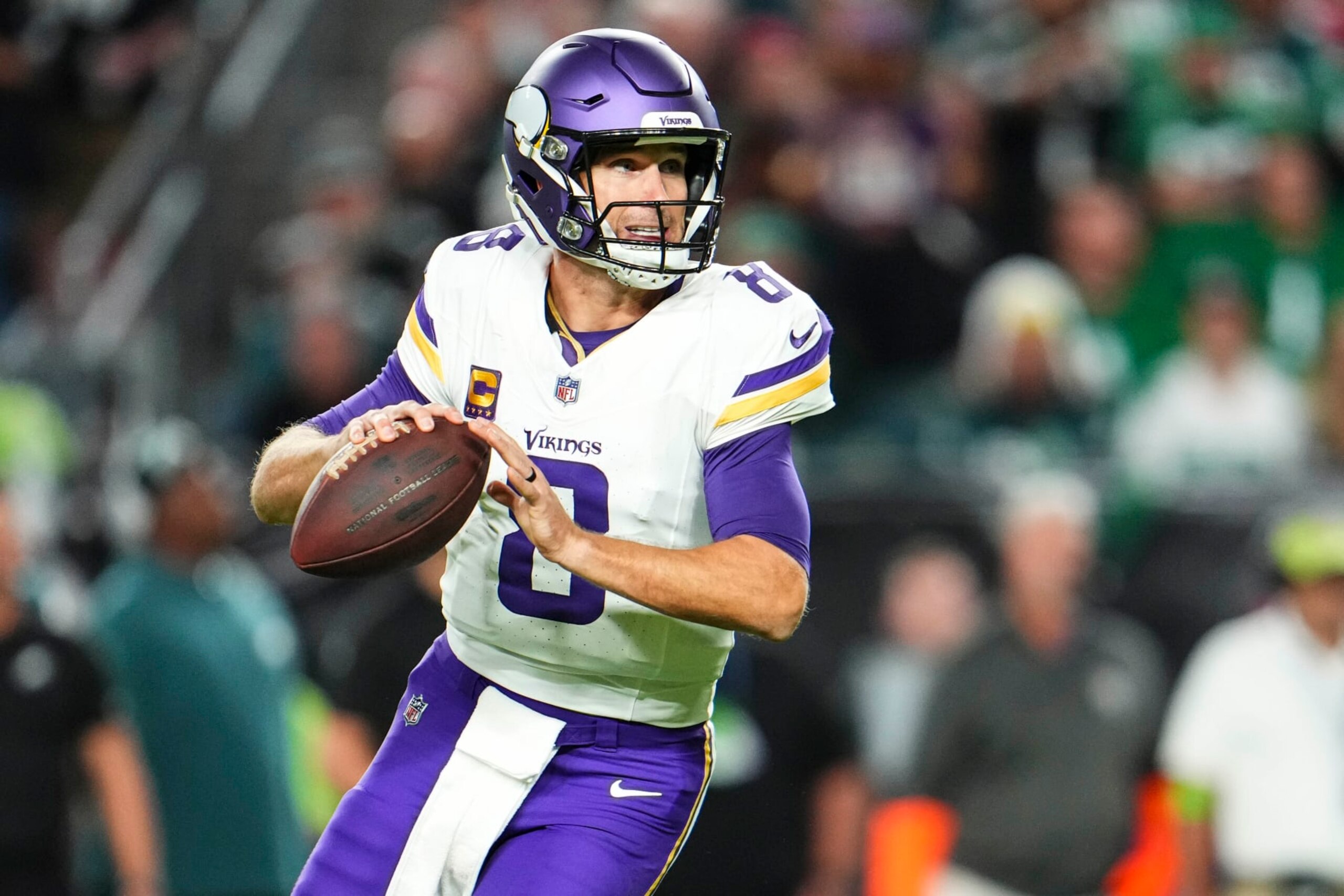 PHILADELPHIA, PA - SEPTEMBER 14: Kirk Cousins #8 of the Minnesota Vikings scrambles out of the pocket during at Lincoln Financial Field on September 14, 2023 in Philadelphia, Pennsylvania. (Photo by Cooper Neill/Getty Images)