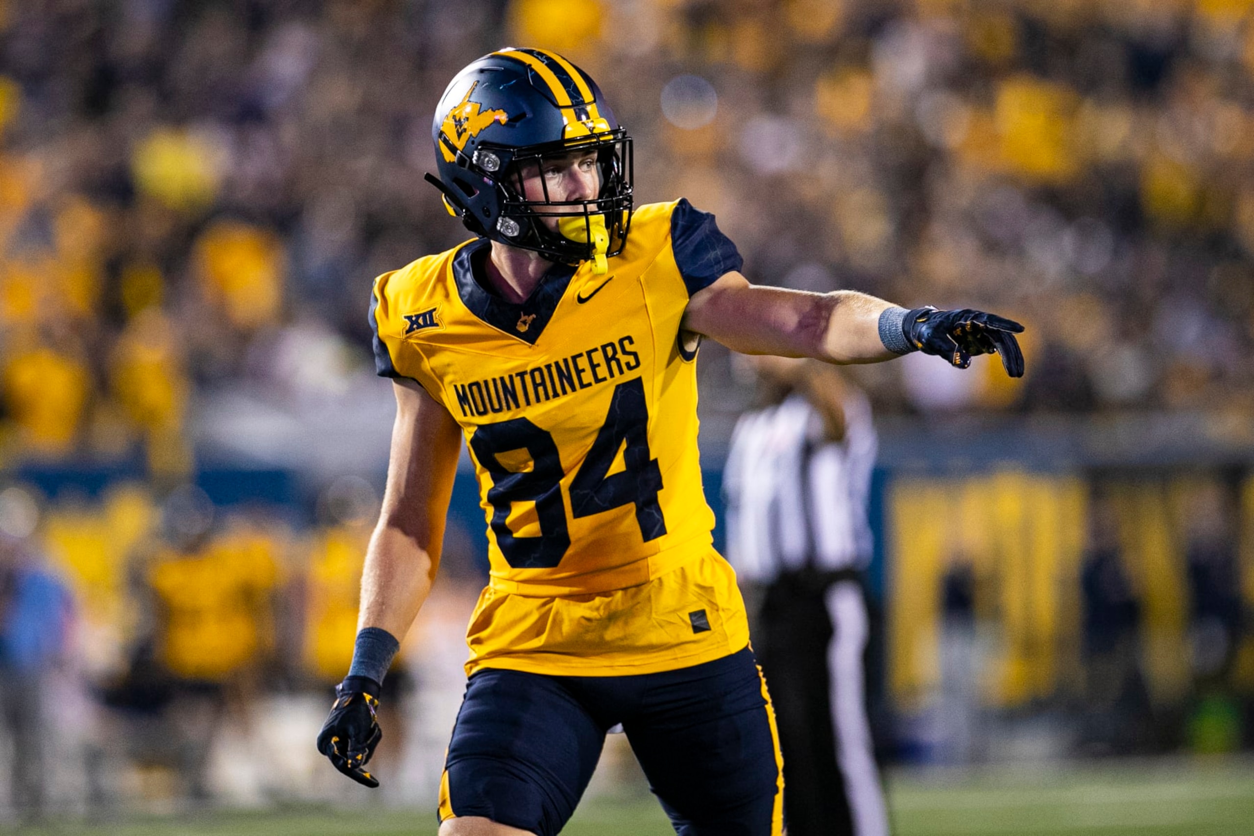 MORGANTOWN, WV - SEPTEMBER 16: West Virginia Mountaineers wide receiver Hudson Clement (84) looks on during the college football game between the Pittsburgh Panthers and the West Virginia Mountaineers on September 16, 2023 at Mountaineer Field at Milan Puskar Stadium in Morgantown, WV. (Photo by Mark Alberti/Icon Sportswire via Getty Images)