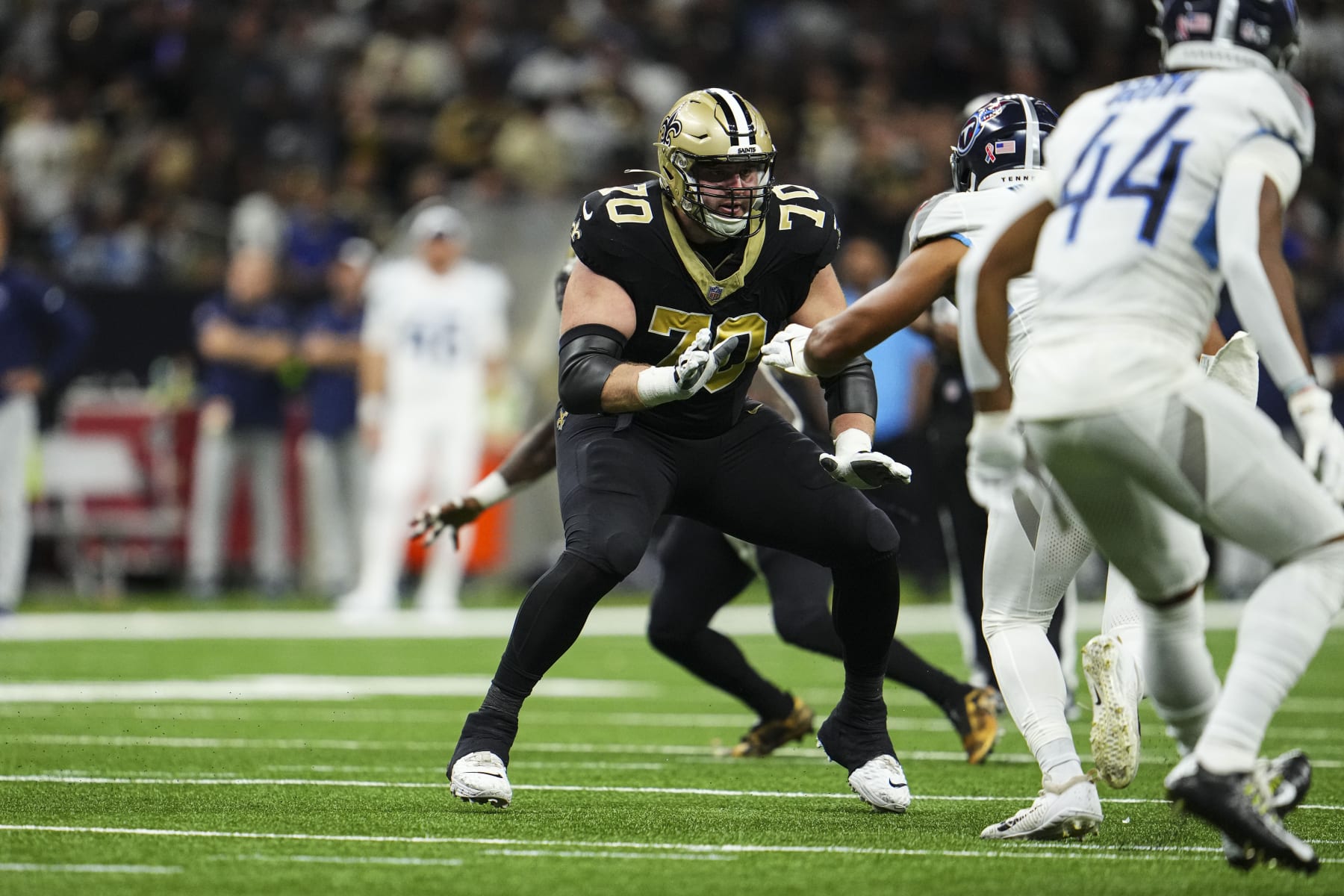 NEW ORLEANS, LA - SEPTEMBER 10: Trevor Penning #70 of the New Orleans Saints defends in coverage  at Caesars Superdome on September 10, 2023 in New Orleans, Louisiana. (Photo by Cooper Neill/Getty Images)